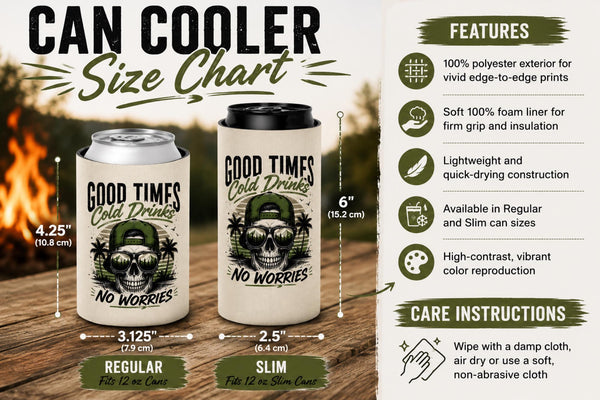 Size chart for the Outdoor camping accessory for cold drinks, slim and reg size