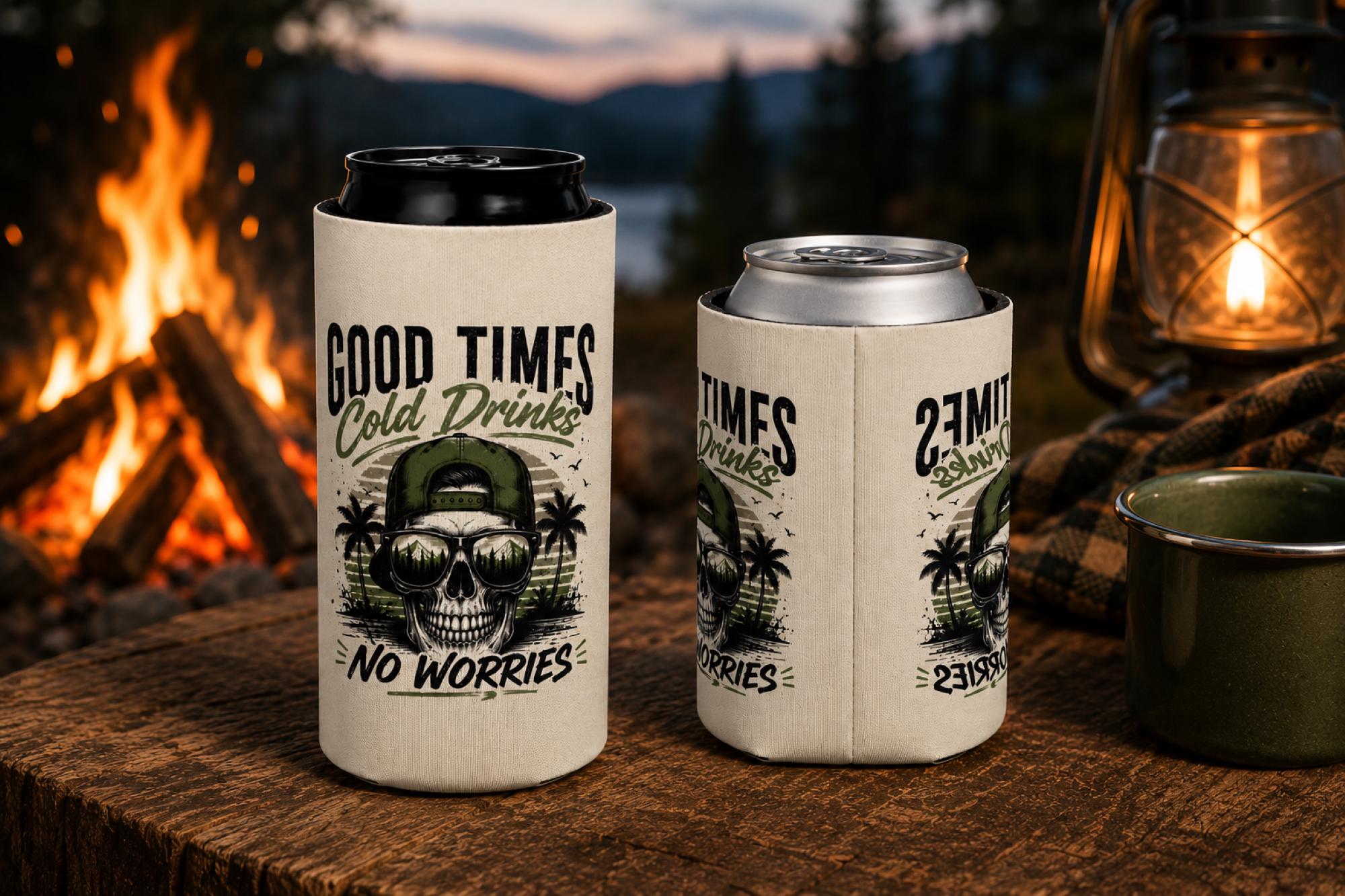 Good Times Cold Drinks No Worries camping can cooler front & Side view
