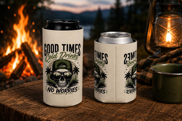 Good Times Cold Drinks No Worries camping can cooler front & Side view