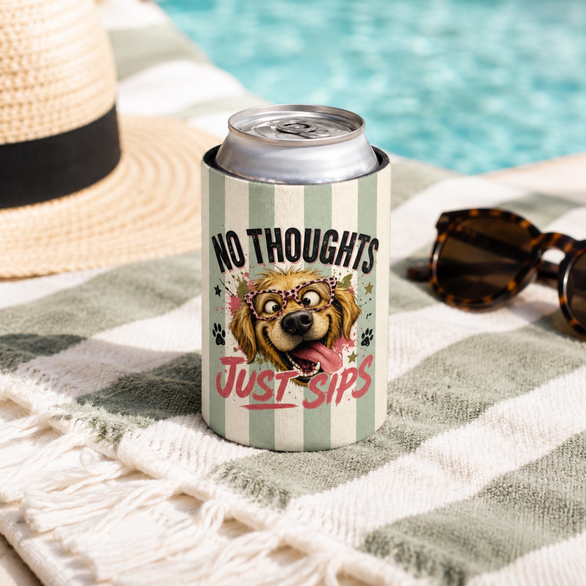 Funny dog reg can cooler with “No Thoughts Just Sips” design, shown in regular and slim sizes for summer drinks.