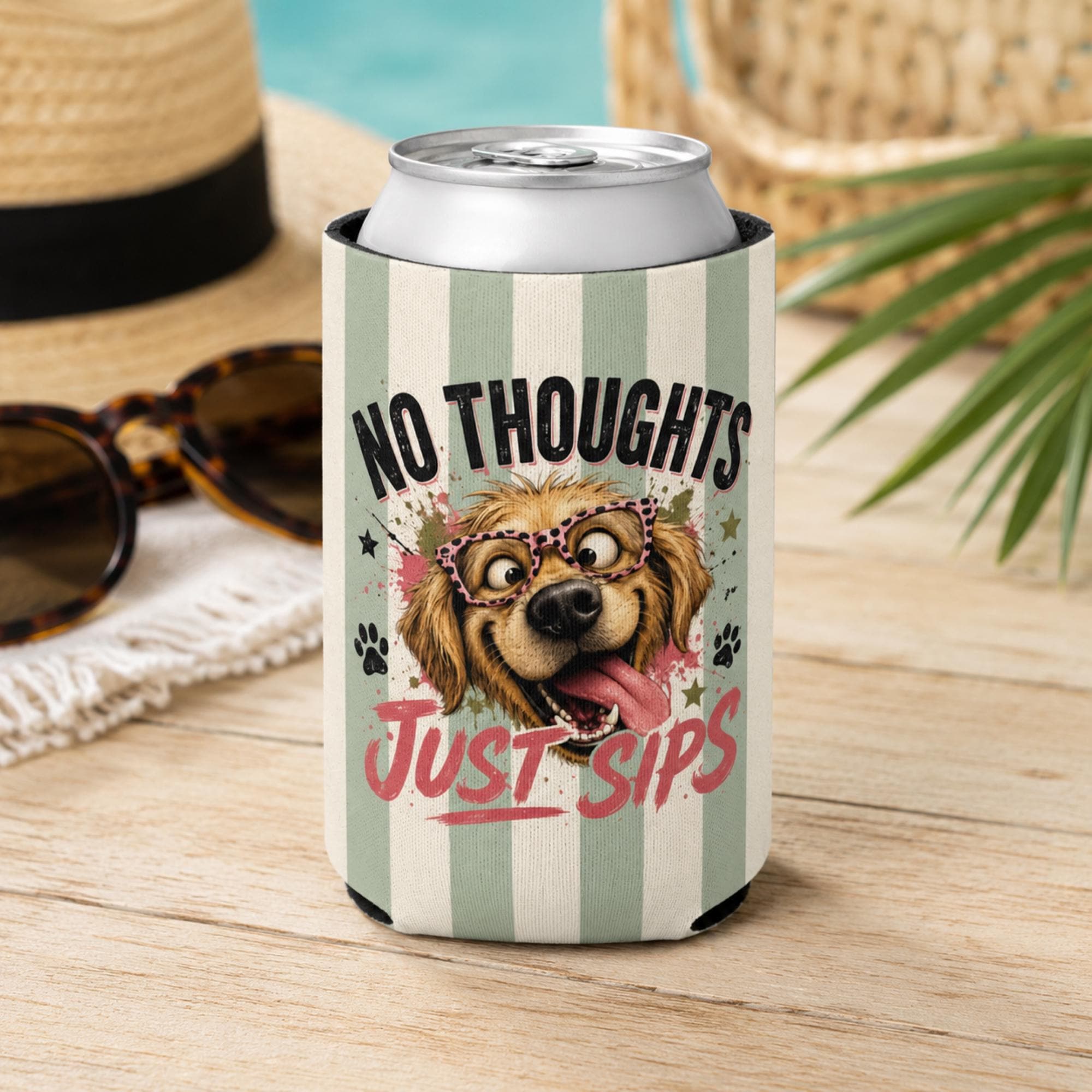 Funny dog reg can cooler with “No Thoughts Just Sips” design, shown in regular and slim sizes for summer drinks.