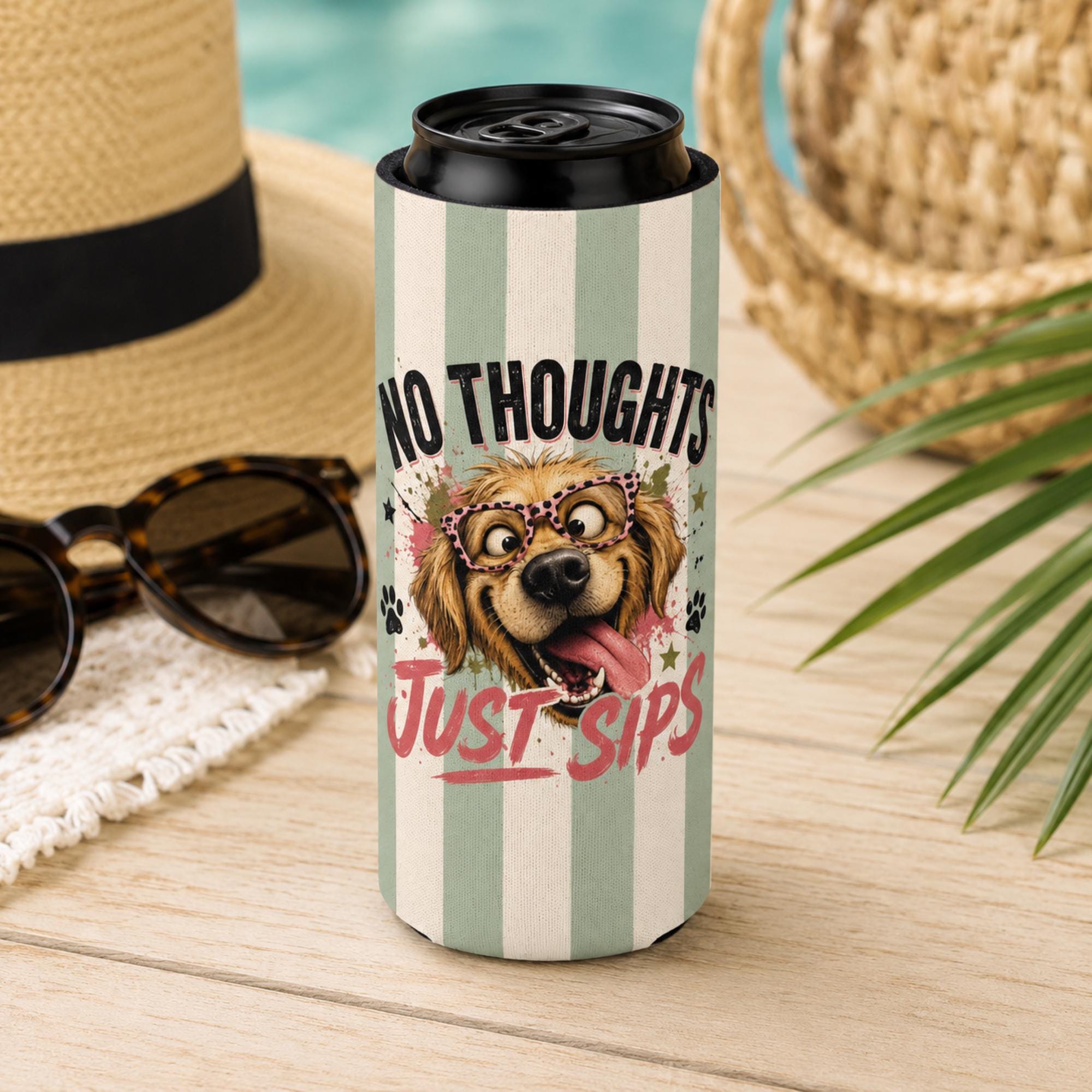 Funny dog slim can cooler with “No Thoughts Just Sips” design, shown in regular and slim sizes for summer drinks.