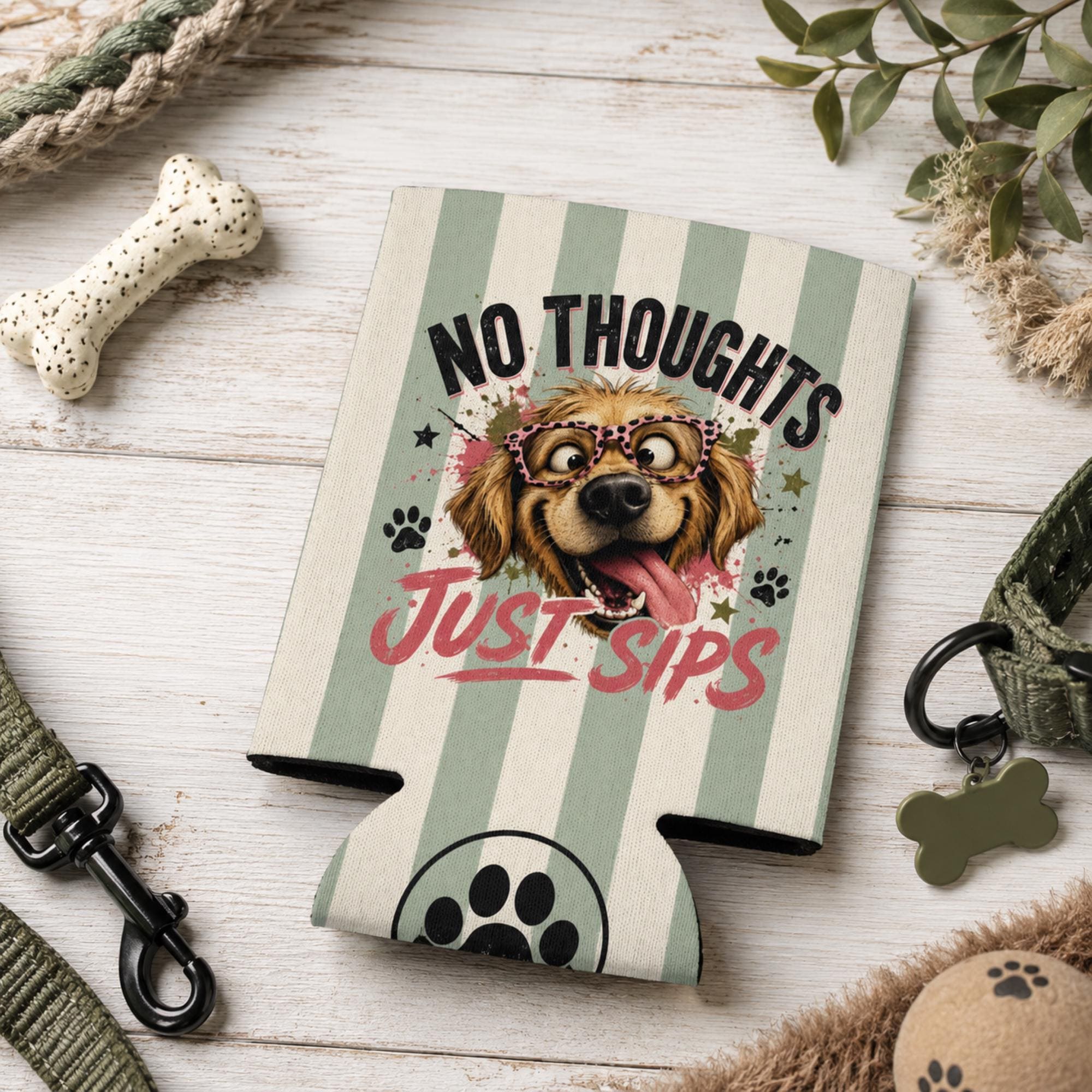 Flat view of the Funny dog can cooler with “No Thoughts Just Sips” design, shown in regular and slim sizes for summer drinks.