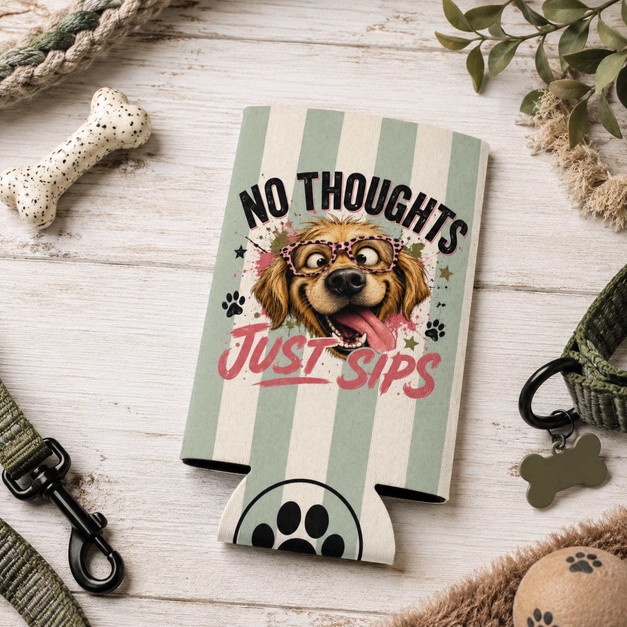 Flat view of the Funny dog Slim can cooler with “No Thoughts Just Sips” design, shown in regular and slim sizes for summer drinks.