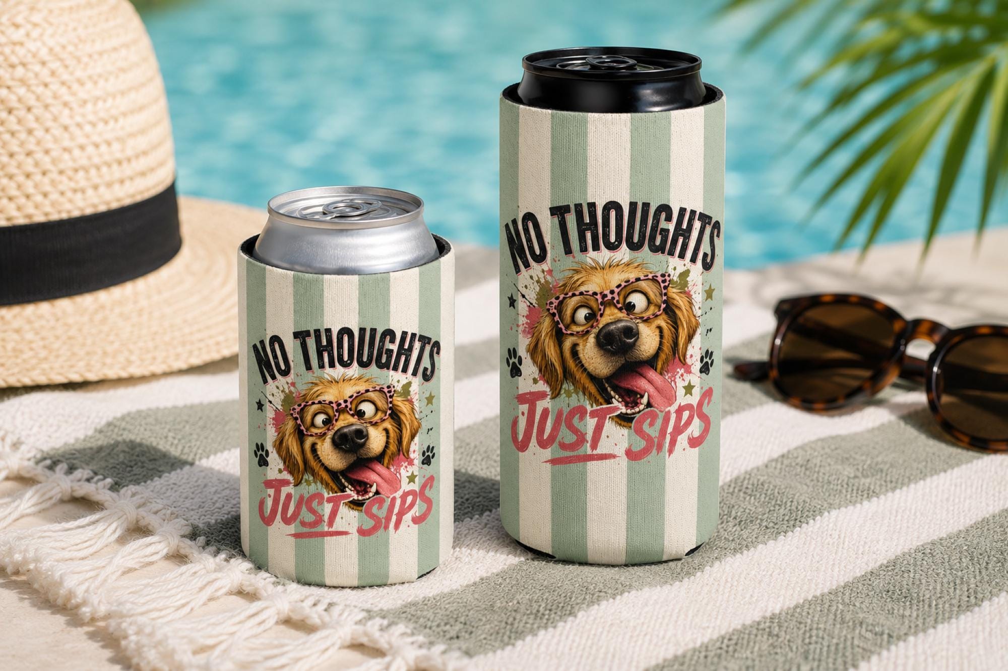 Funny dog can cooler with “No Thoughts Just Sips” design, shown in regular and slim sizes for summer drinks.