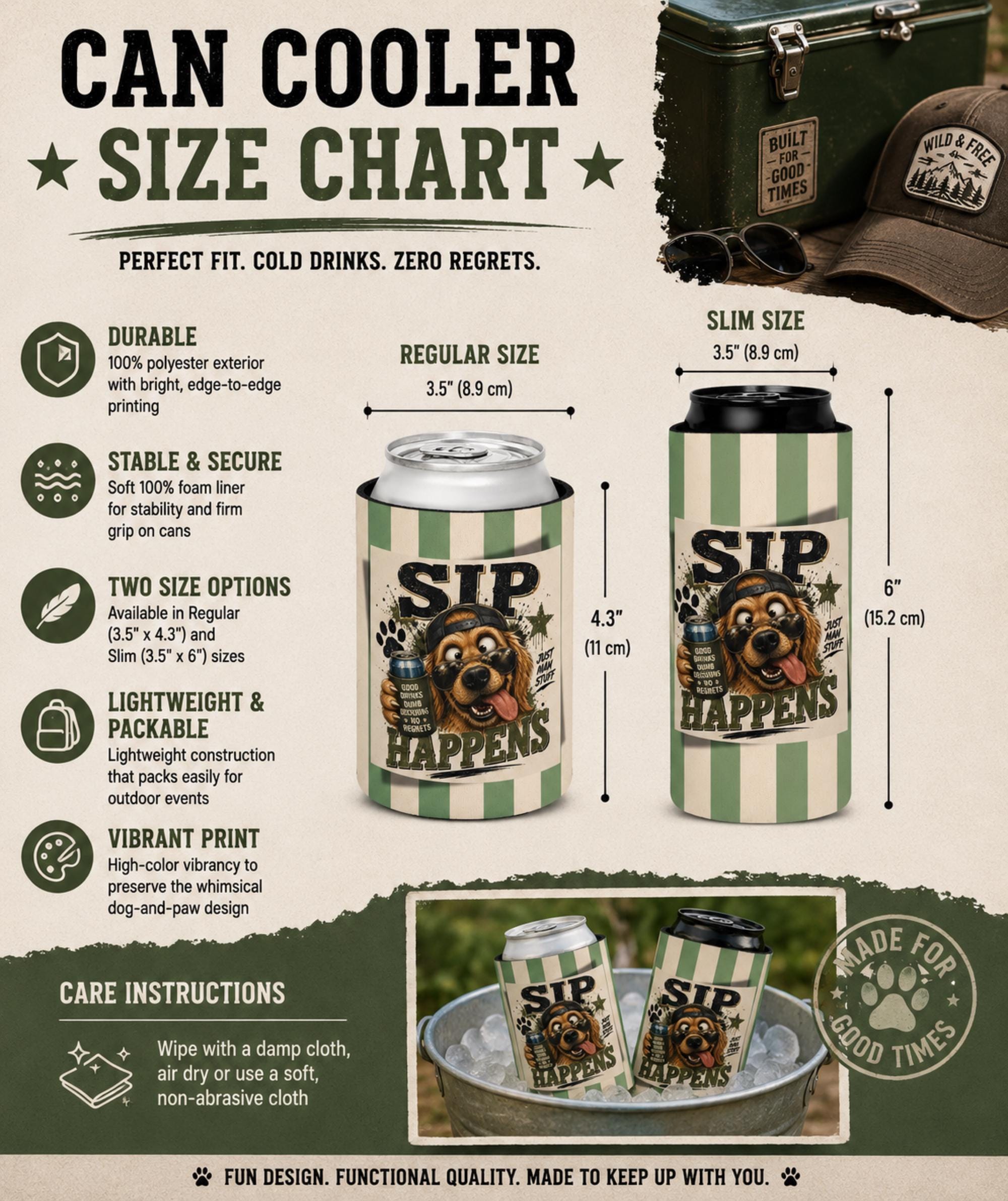 Size chart Novelty can cooler for beer and soda with humorous dog artwork and vintage style.