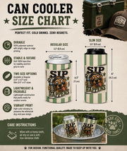 Size chart Novelty can cooler for beer and soda with humorous dog artwork and vintage style.