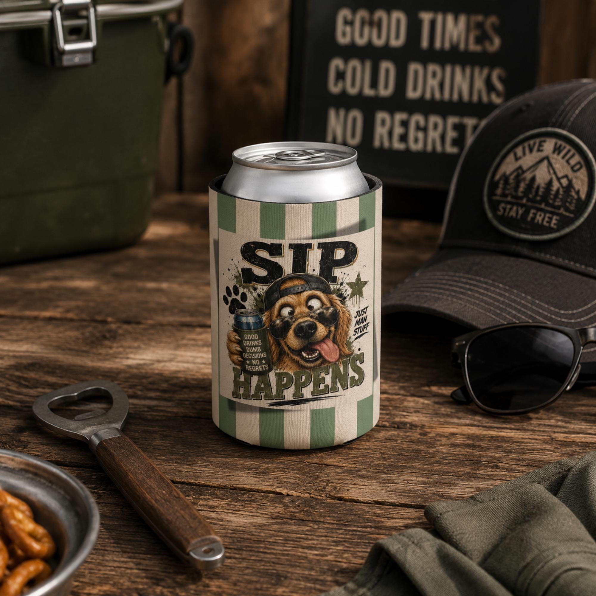 Green striped can cooler with funny dog illustration and rustic outdoor aesthetic.