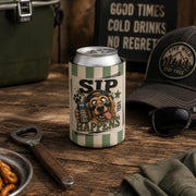 Green striped can cooler with funny dog illustration and rustic outdoor aesthetic.