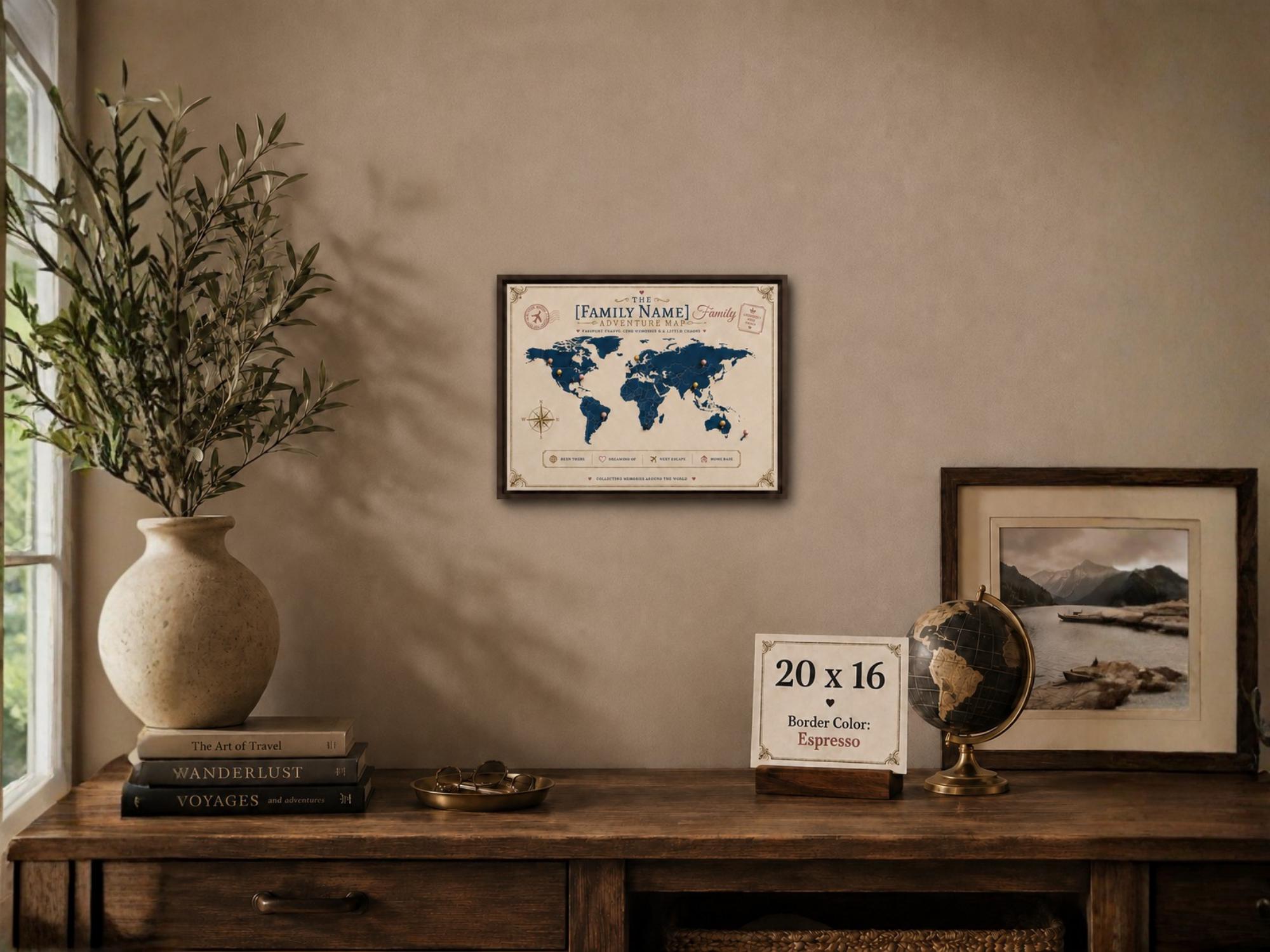 Custom family adventure map canvas with espresso frame, push pin style world map wall decor, personalized travel gift for families and couples.