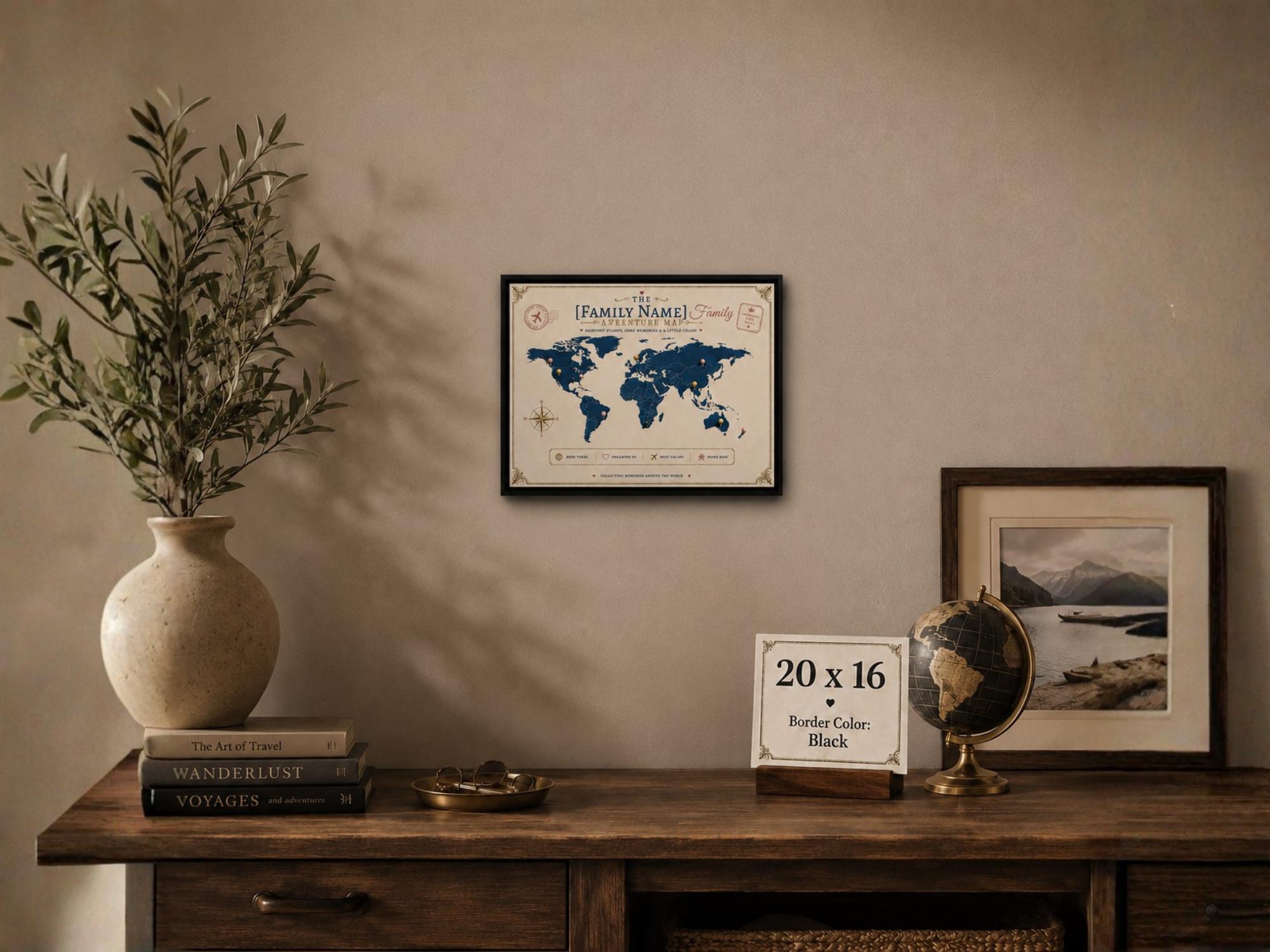 Custom family adventure map canvas with black frame, push pin style world map wall decor, personalized travel gift for families and couples.