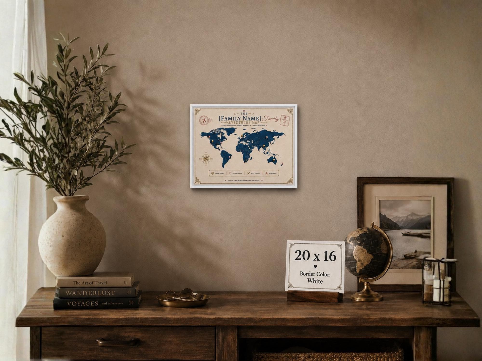 Custom family adventure map canvas with white frame, push pin style world map wall decor, personalized travel gift for families and couples.