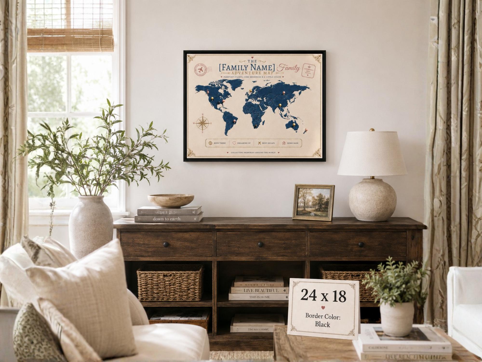 Custom family adventure map canvas with black frame, push pin style world map wall decor, personalized travel gift for families and couples.