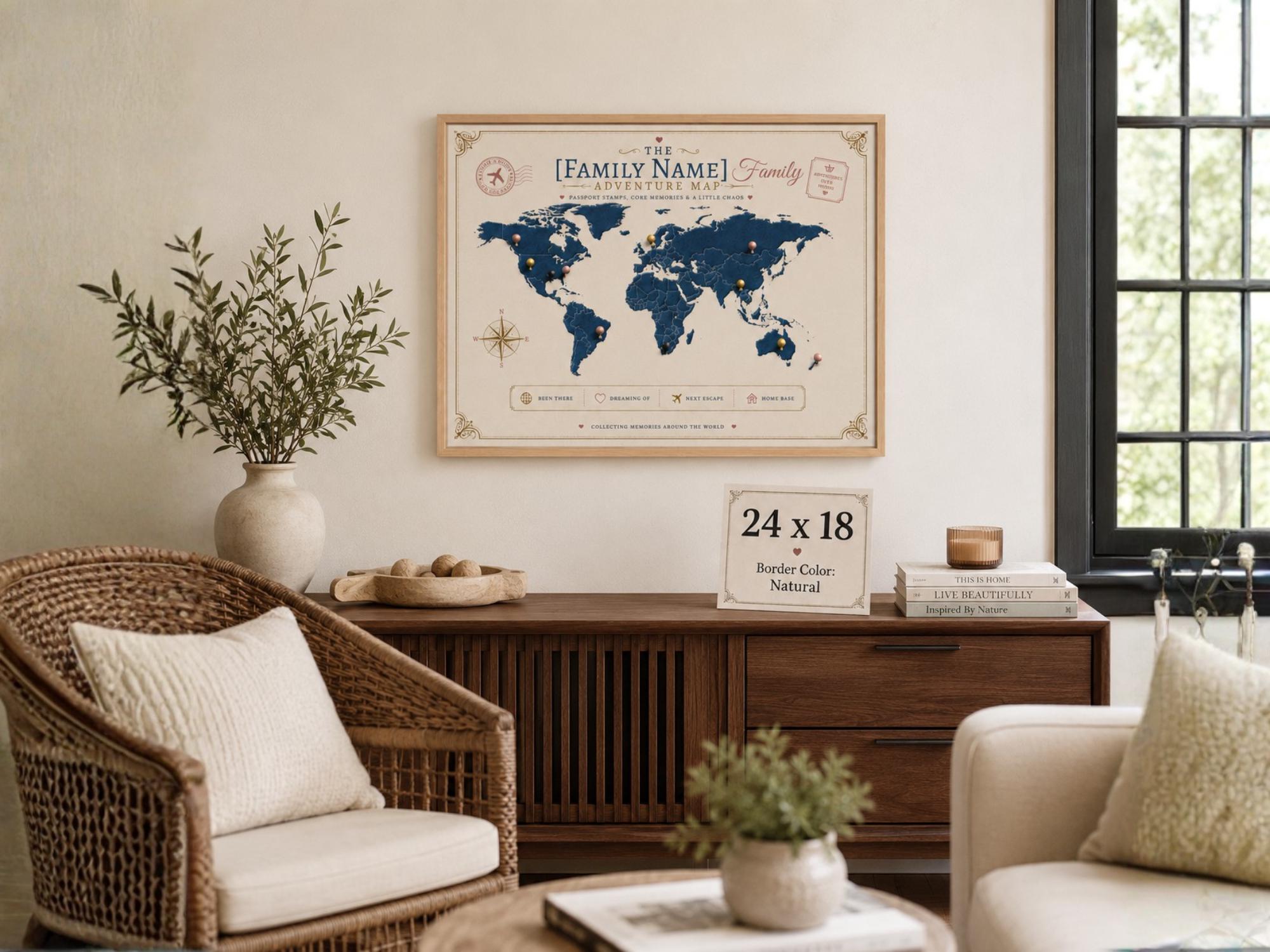 Custom family adventure map canvas with Natural frame, push pin style world map wall decor, personalized travel gift for families and couples.