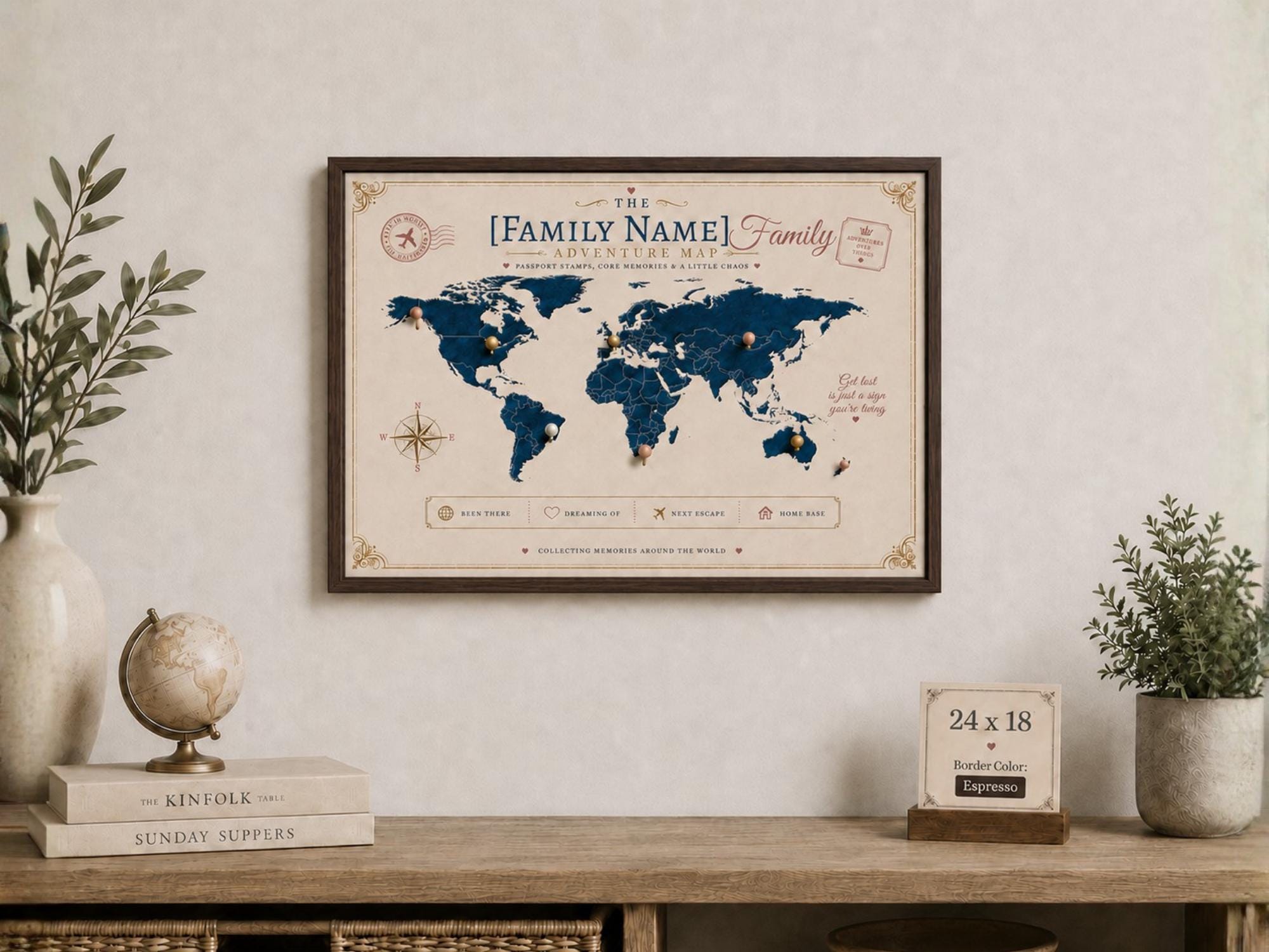 Custom family adventure map canvas with espresso frame, push pin style world map wall decor, personalized travel gift for families and couples.