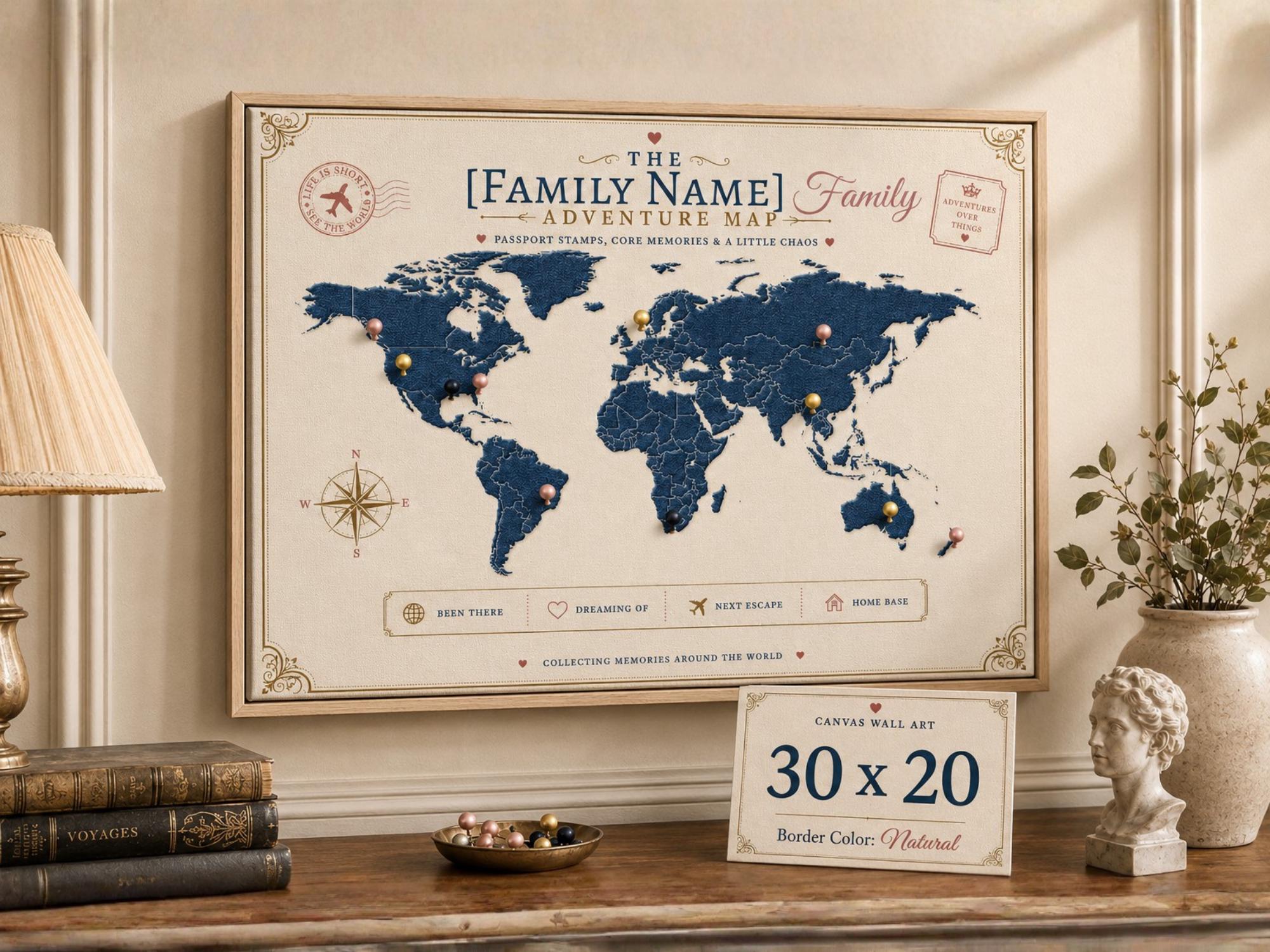 Custom family adventure map canvas with natural frame, push pin style world map wall decor, personalized travel gift for families and couples.