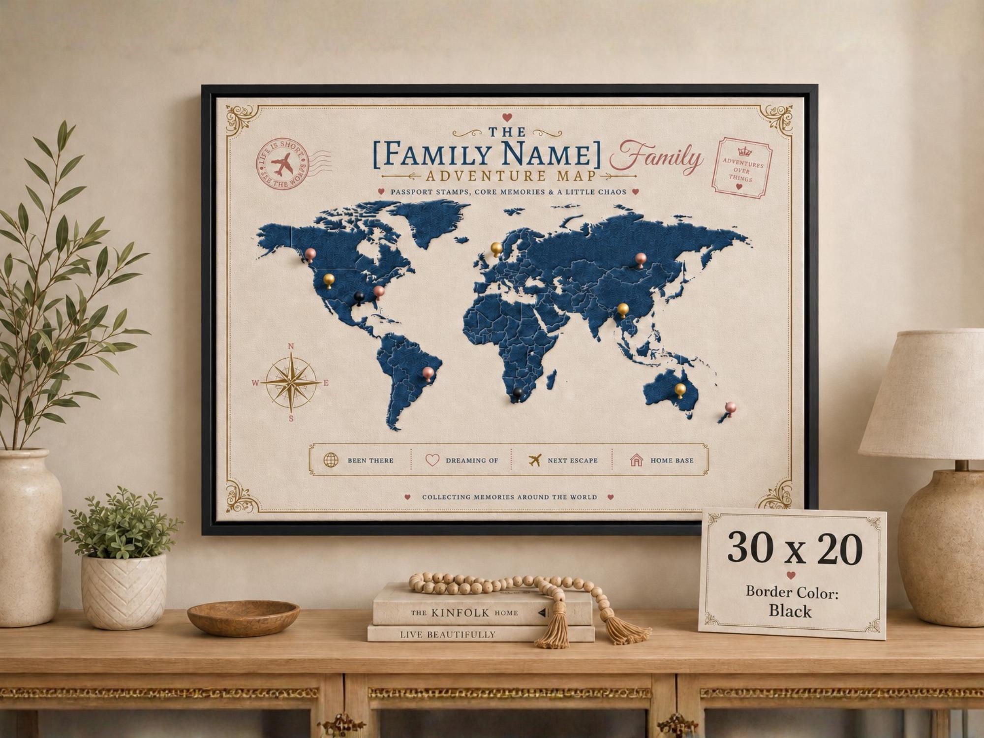 Custom family adventure map canvas with black frame, push pin style world map wall decor, personalized travel gift for families and couples.
