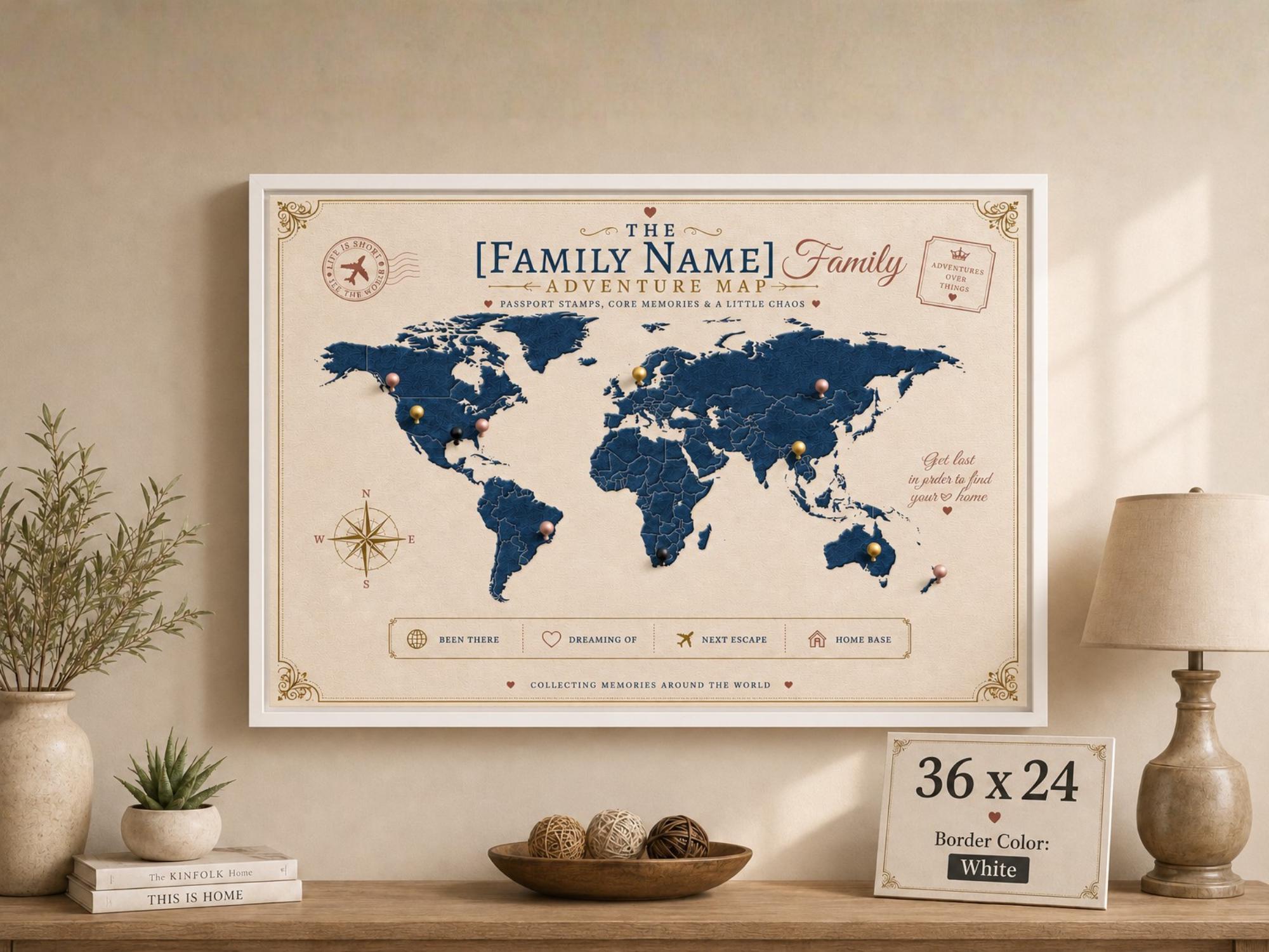 Custom family adventure map canvas with white frame, push pin style world map wall decor, personalized travel gift for families and couples.