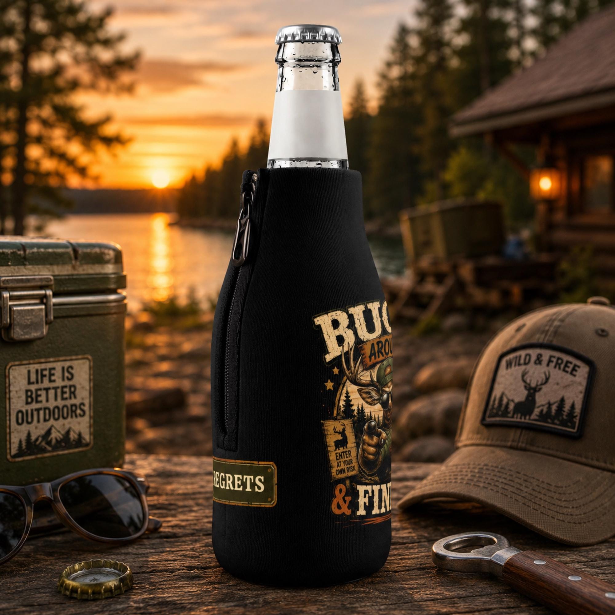 Side view Vintage Buck Around & Find Out zip-up bottle cooler sleeve featuring a cool deer wearing sunglasses with a rustic hunting camp design on a black insulated bottle koozie.