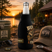Side view Vintage Buck Around & Find Out zip-up bottle cooler sleeve featuring a cool deer wearing sunglasses with a rustic hunting camp design on a black insulated bottle koozie.