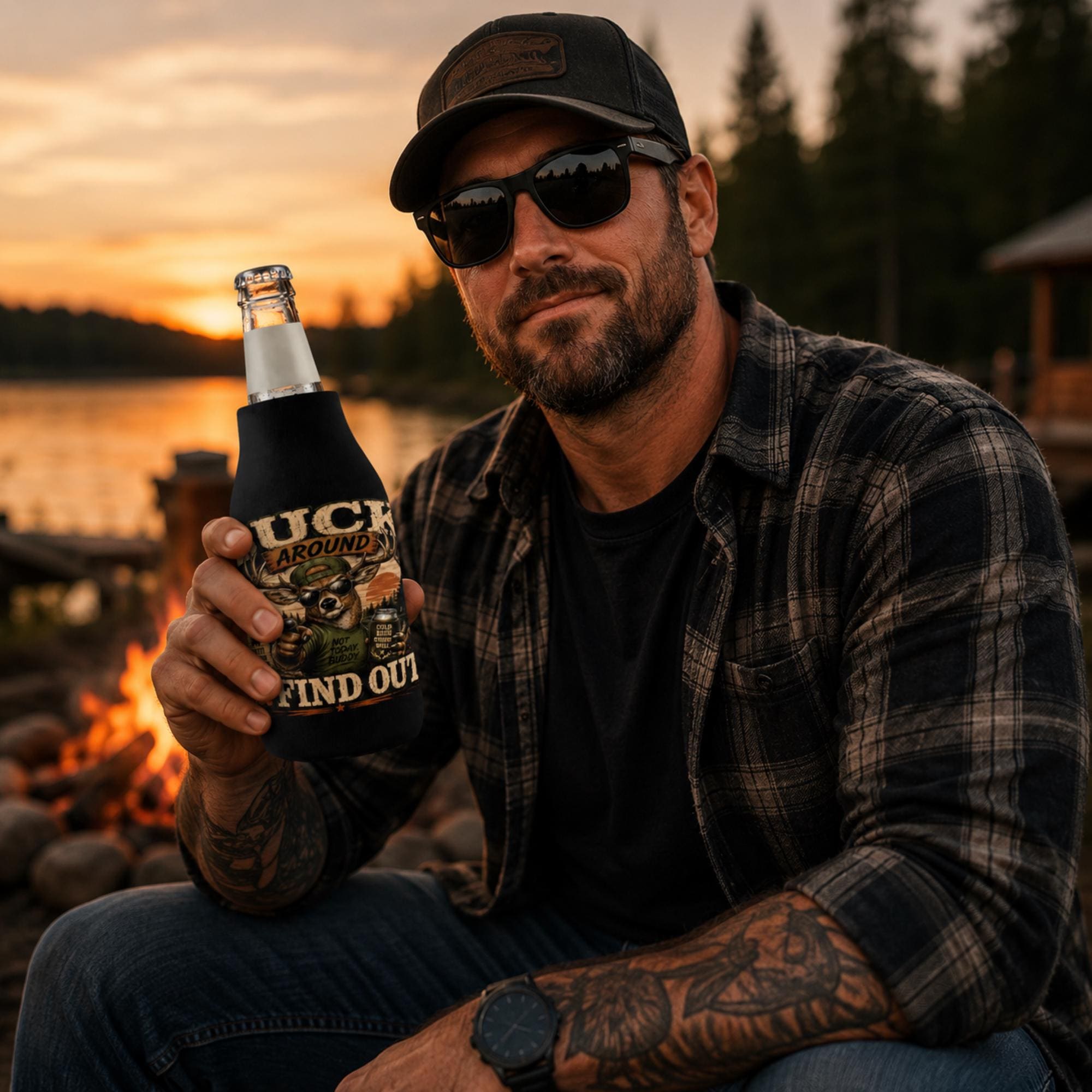 A Man holding the Vintage Buck Around & Find Out zip-up bottle cooler sleeve featuring a cool deer wearing sunglasses with a rustic hunting camp design on a black insulated bottle koozie.