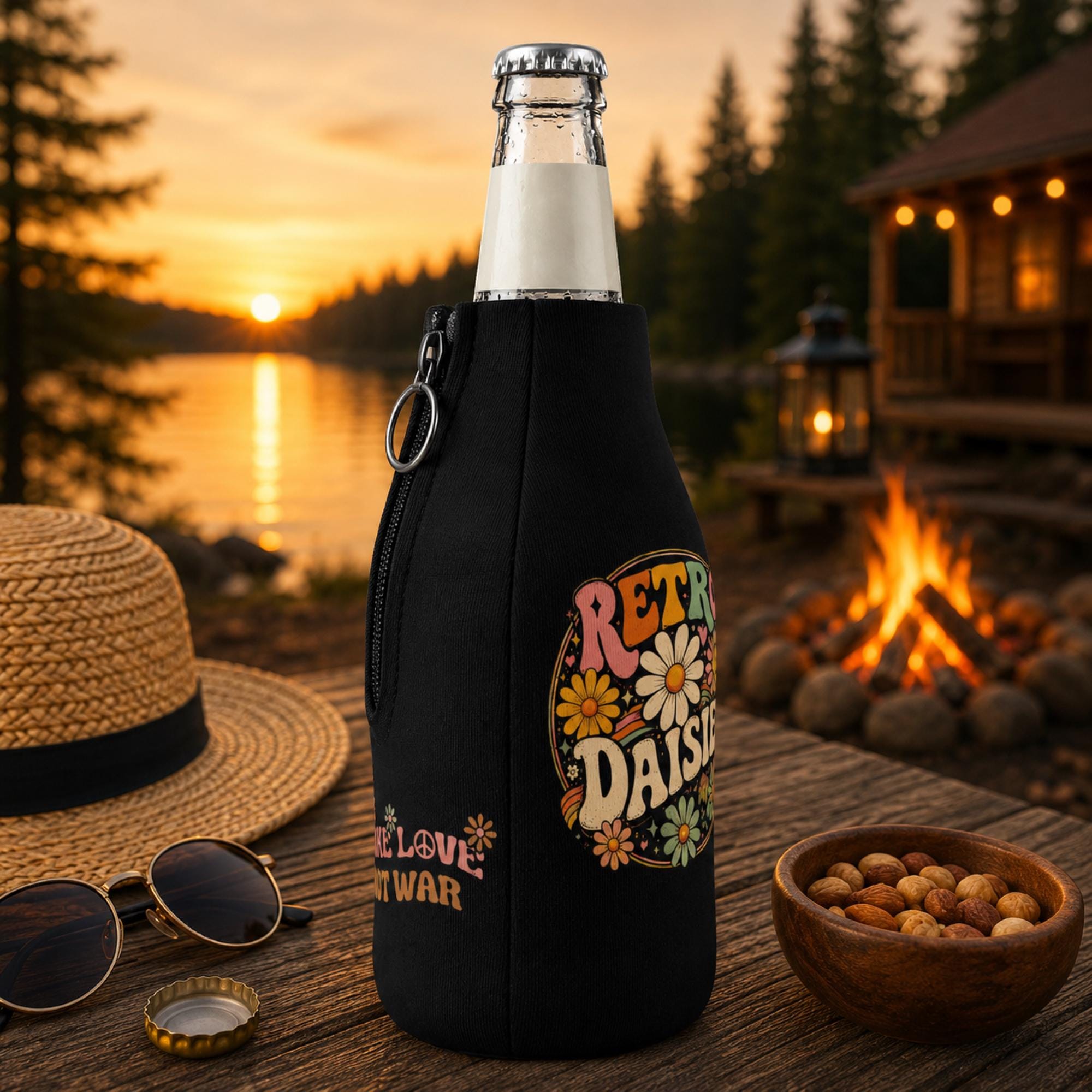 Vintage floral bottle cooler with retro daisy design on insulated beer bottle sleeve.
