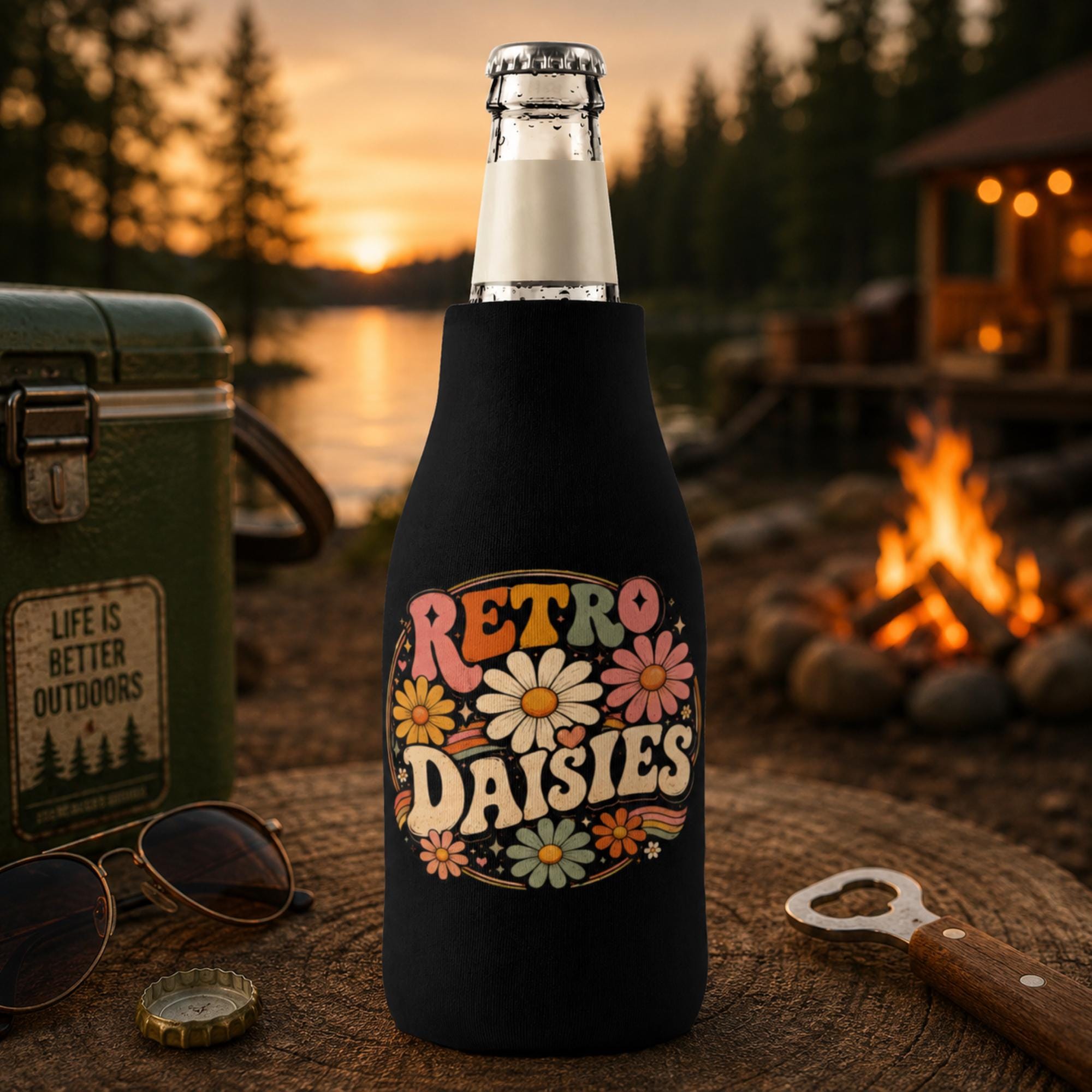 Retro Daisies zip-up bottle cooler displayed at a lakeside campfire during golden sunset.