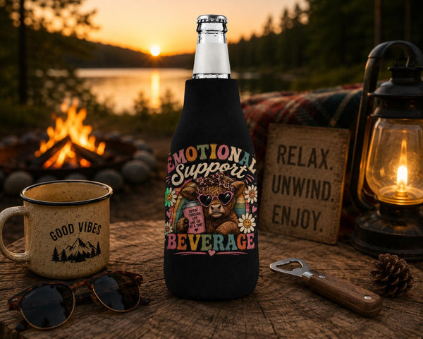 Emotional Support Beverage Highland cow bottle cooler sleeve on black zip-up bottle koozie.
