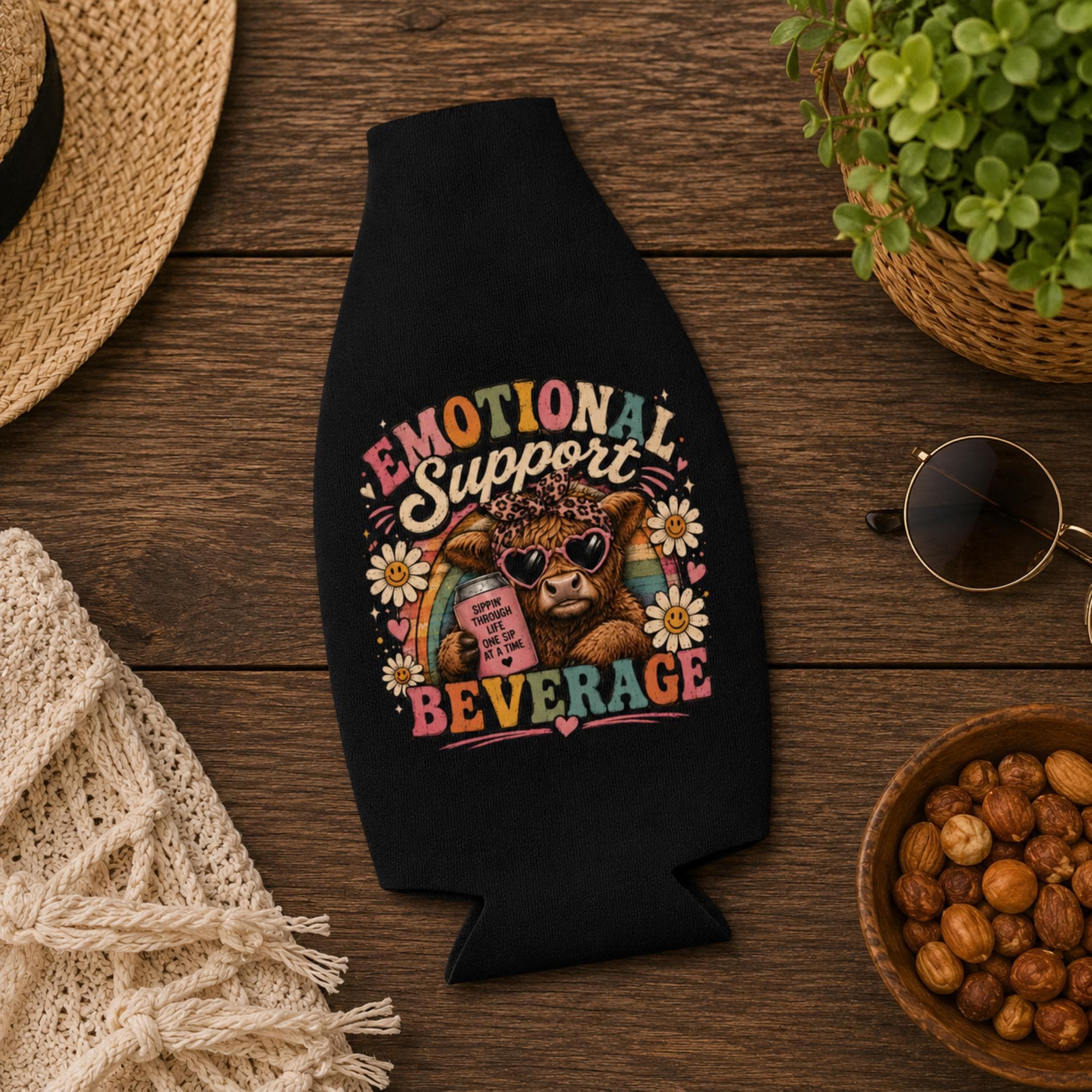 Black bottle koozie keeping a glass bottle cold with full-color printed design.
