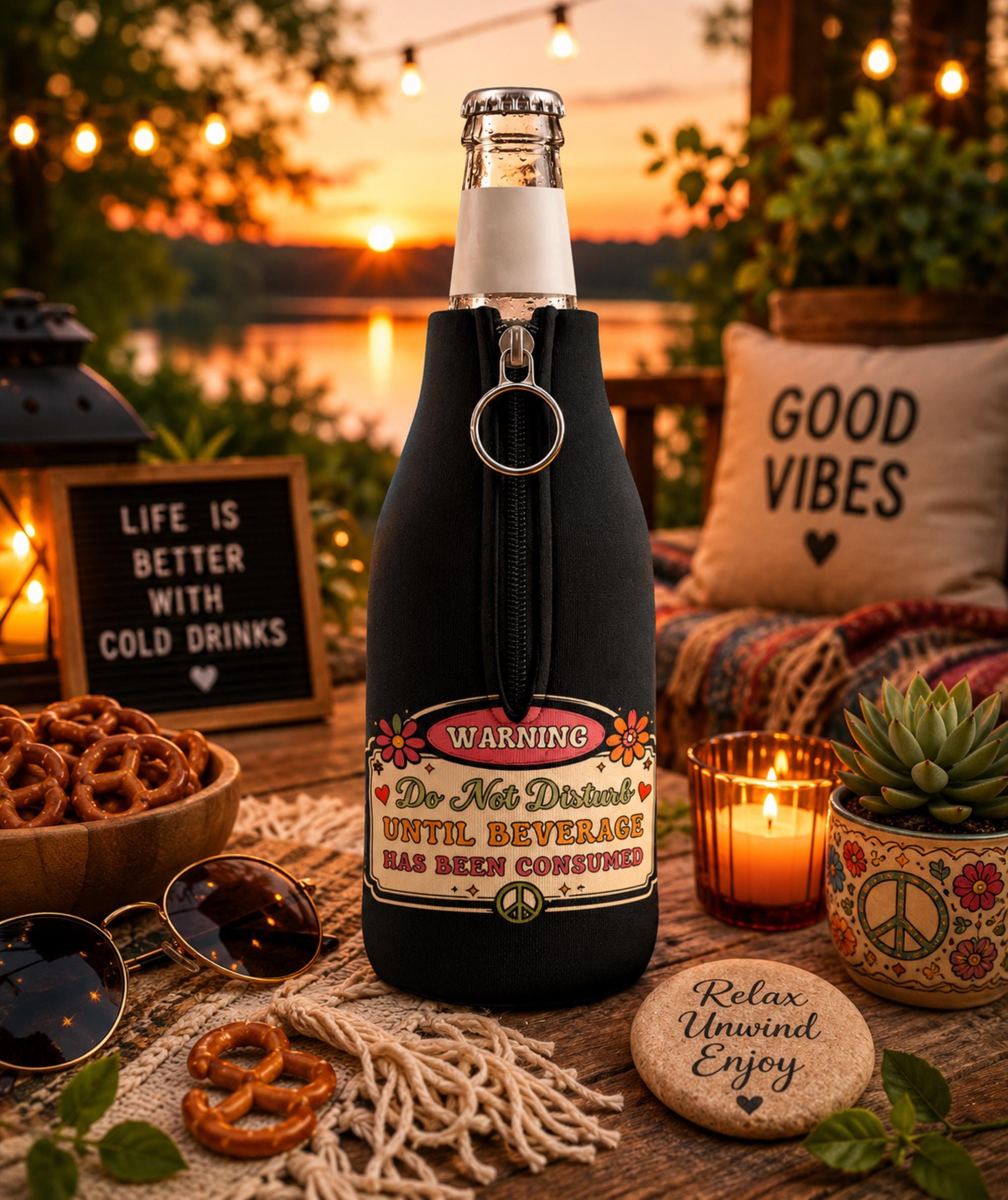 Lightweight insulated bottle cooler with zipper closure and metal ring pull.