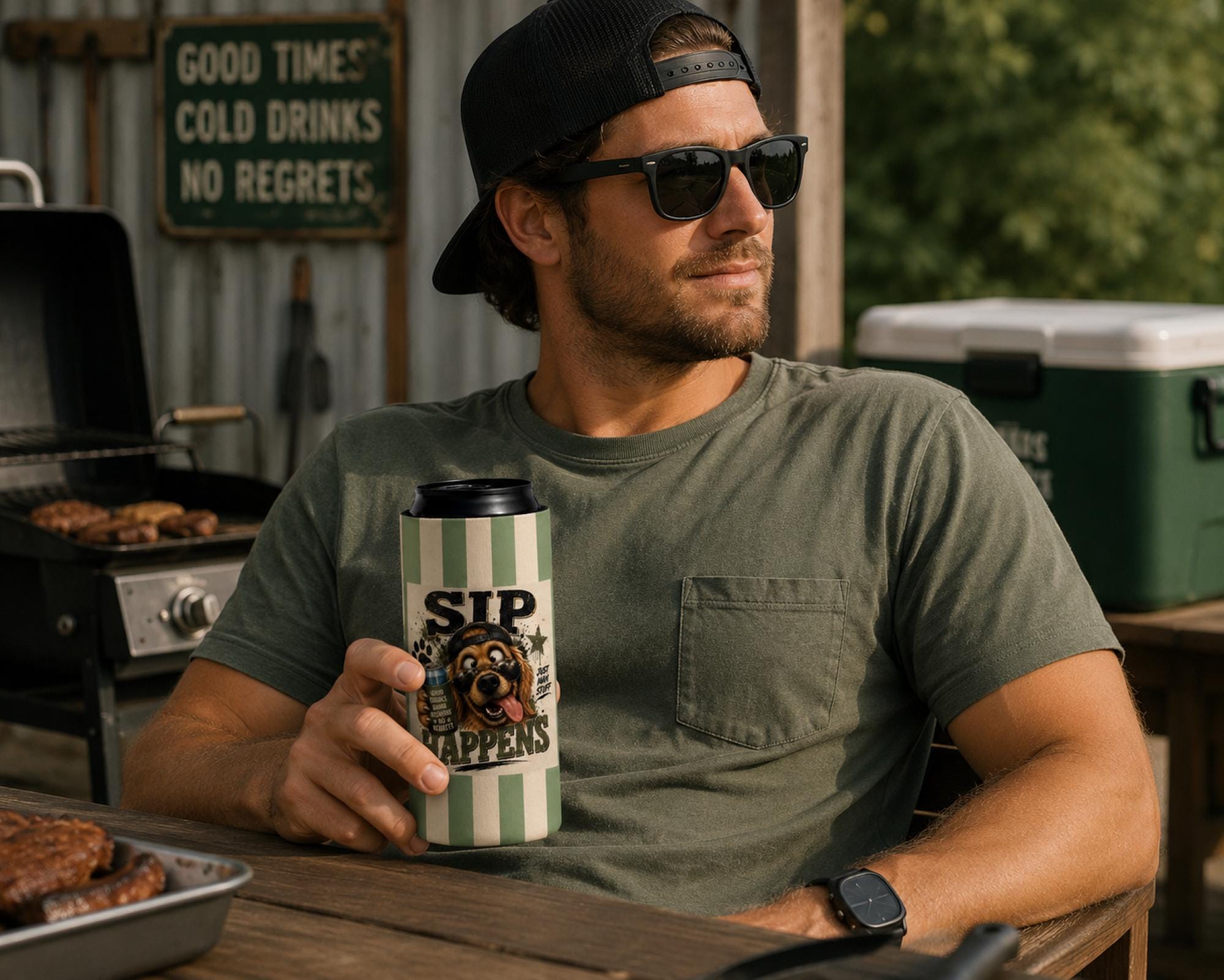 Funny Sip Happens regular can cooler with goofy dog wearing sunglasses and baseball cap.