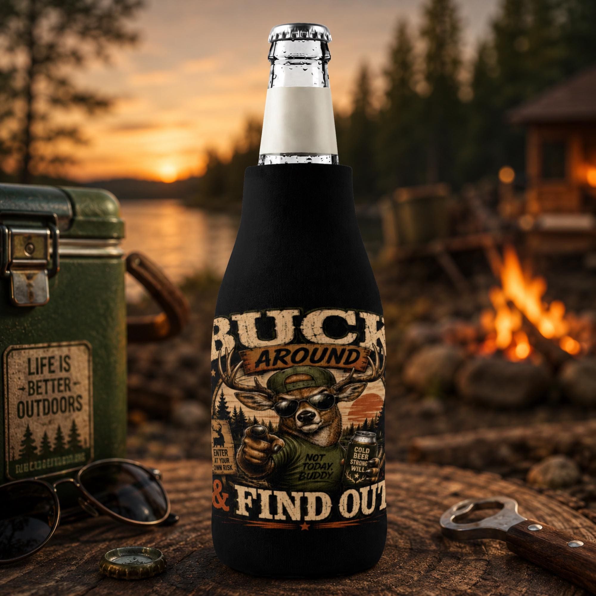 Vintage Buck Around & Find Out zip-up bottle cooler sleeve featuring a cool deer wearing sunglasses with a rustic hunting camp design on a black insulated bottle koozie.