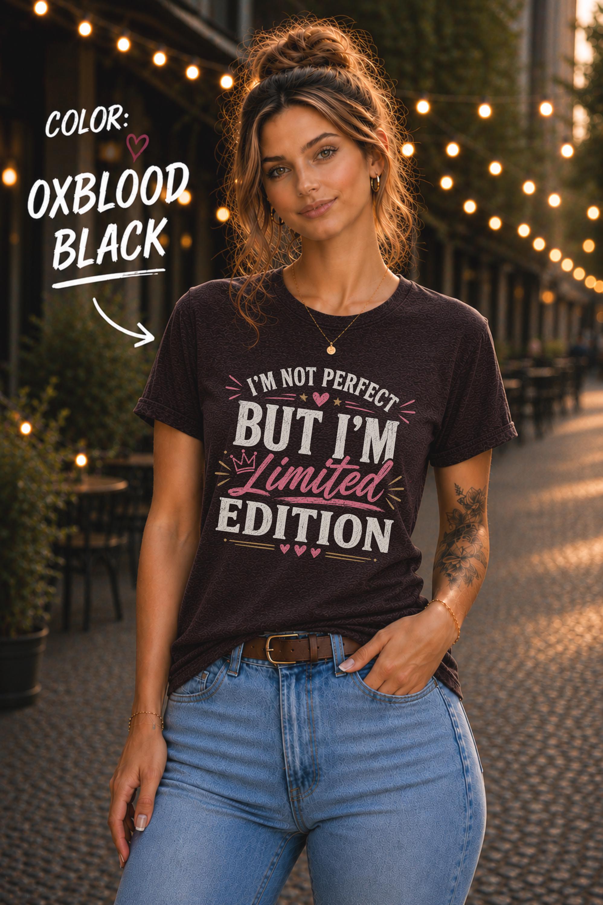 Woman modeling a Oxblood Black Bella+Canvas 3001 unisex t-shirt featuring the "I'm Not Perfect But I'm Limited Edition" graphic in white and pink lettering.