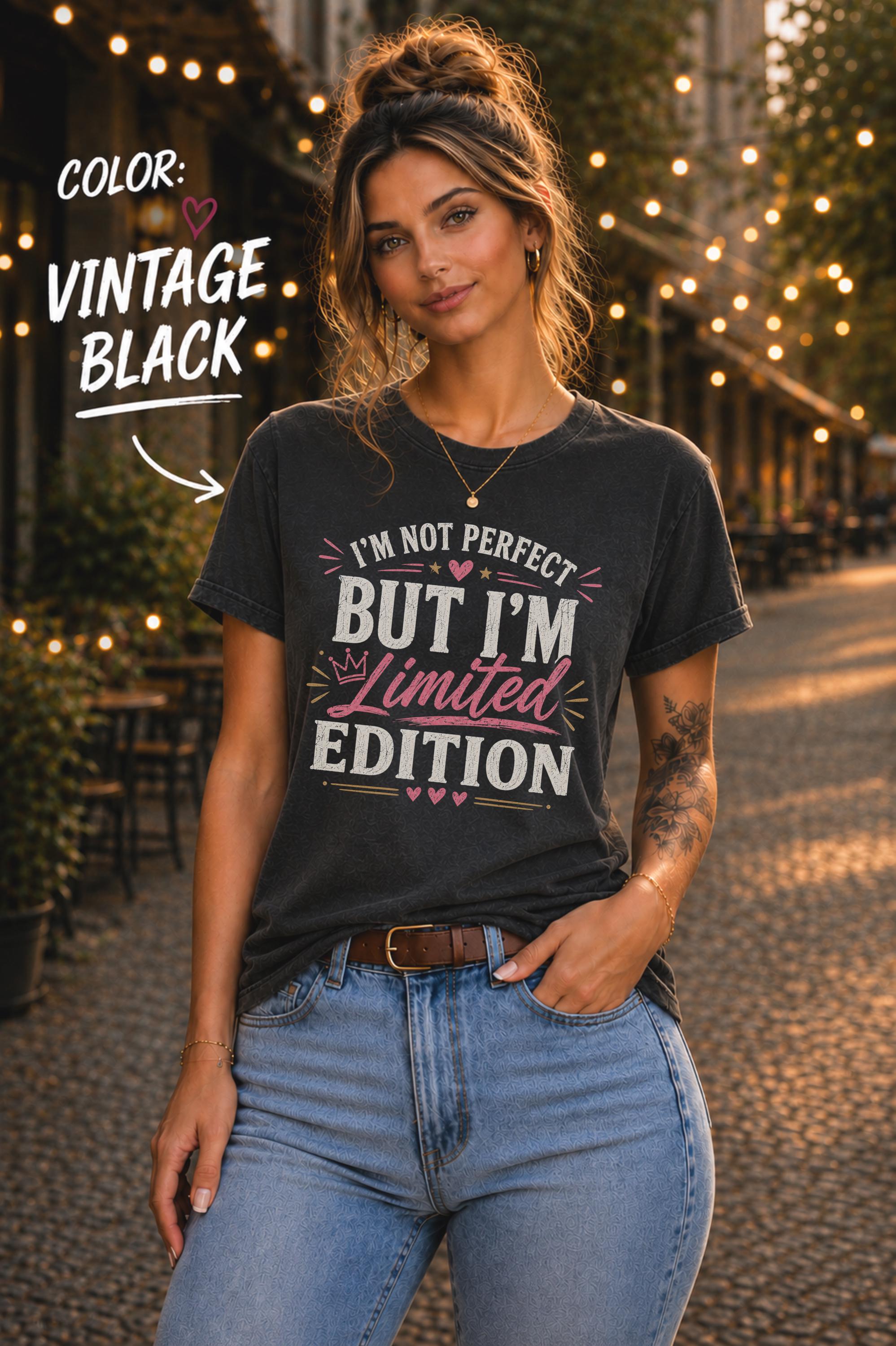 Woman modeling a Vintage Black Bella+Canvas 3001 unisex t-shirt featuring the "I'm Not Perfect But I'm Limited Edition" graphic in white and pink lettering.
