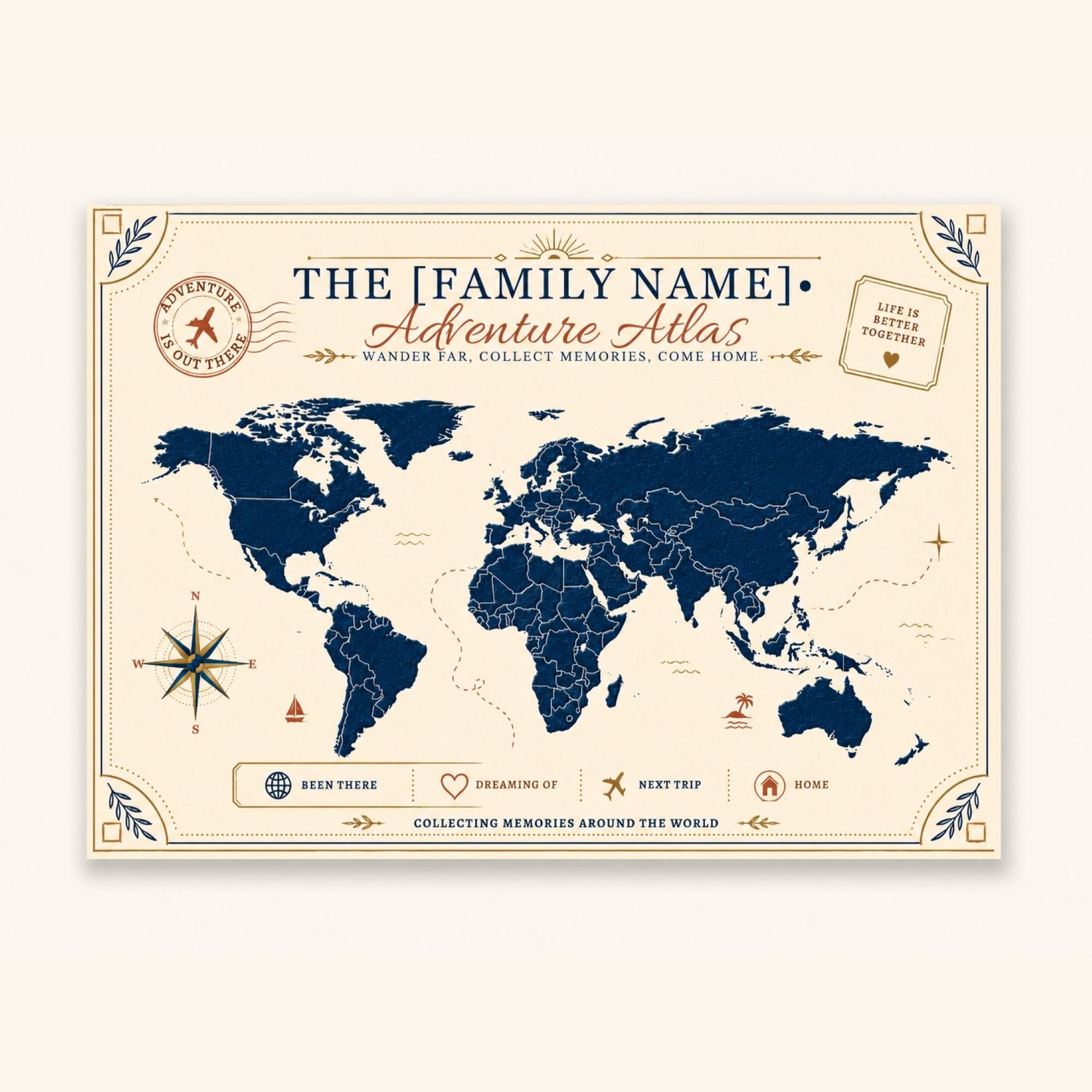 Before and after personalized adventure atlas Canva template showing how the family name can be customized before printing.