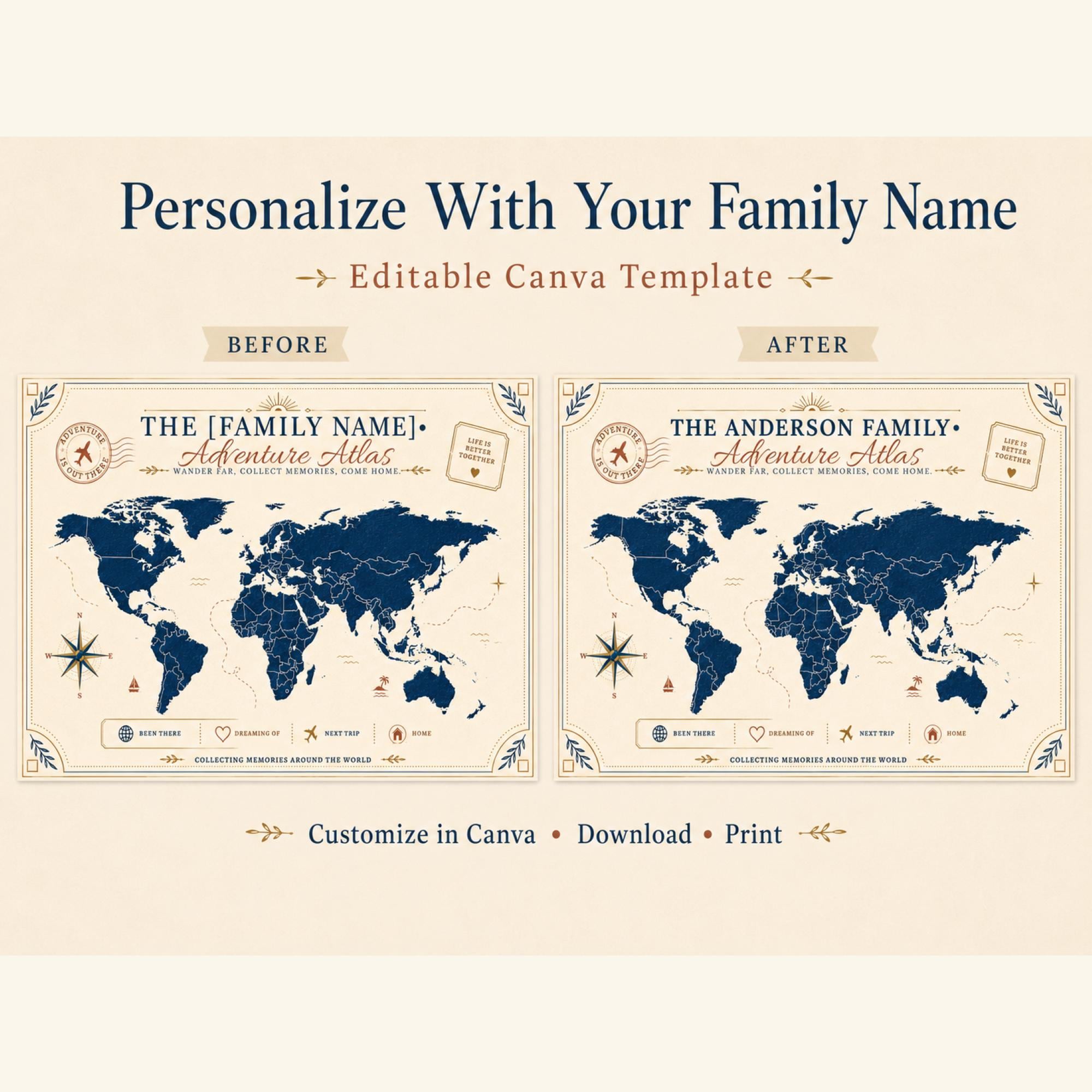 Editable adventure atlas Canva template shown on a laptop in a cozy travel-inspired workspace with printable wall art design.