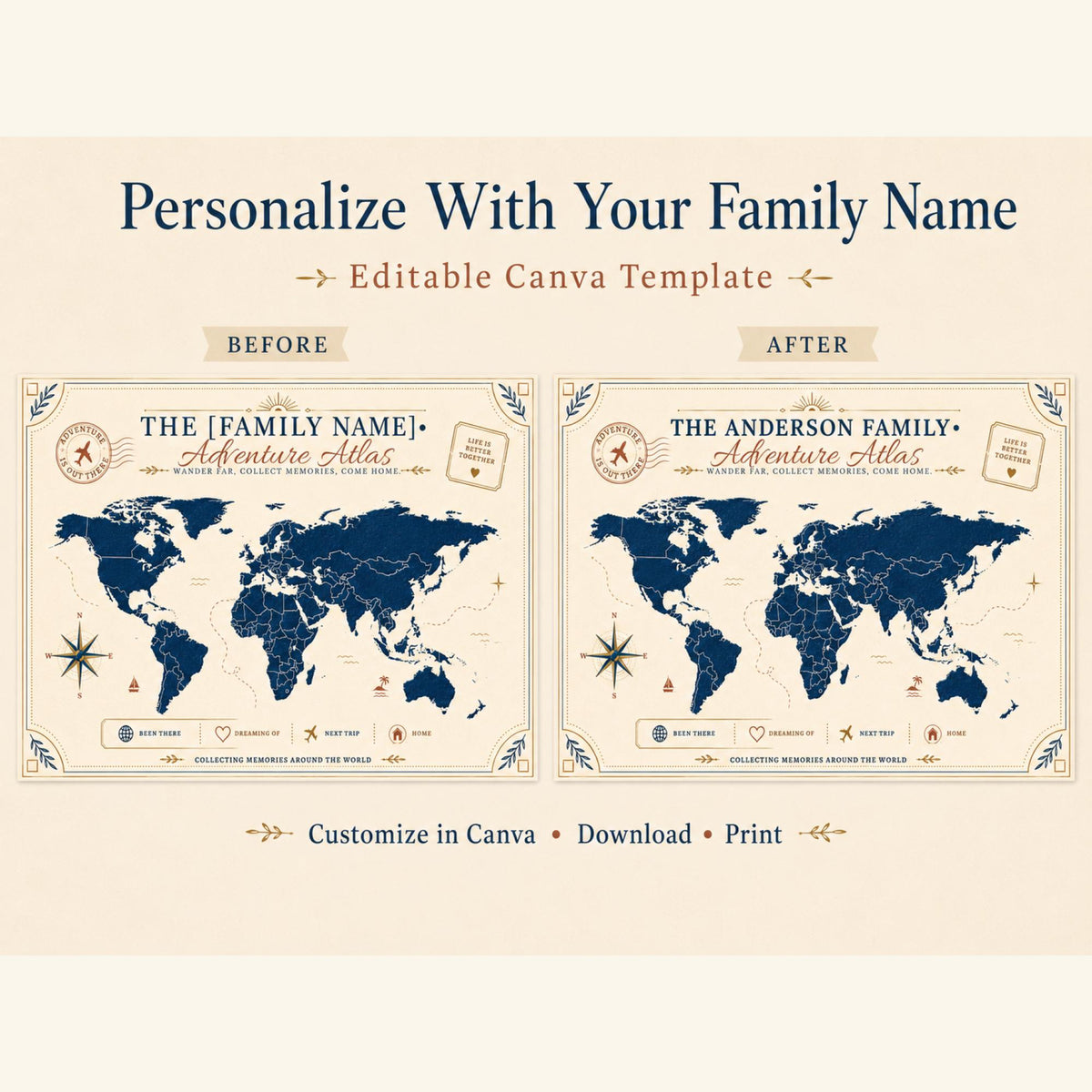 Editable adventure atlas Canva template shown on a laptop in a cozy travel-inspired workspace with printable wall art design.
