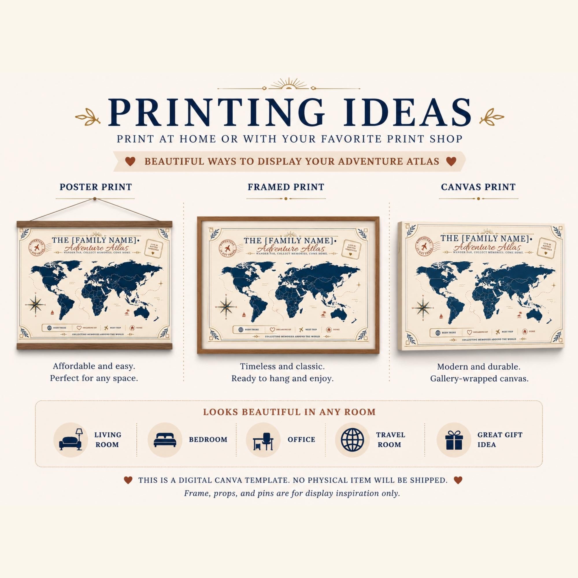 Custom adventure atlas Canva template listing image with editable family name, high resolution file details, and instant digital download features.