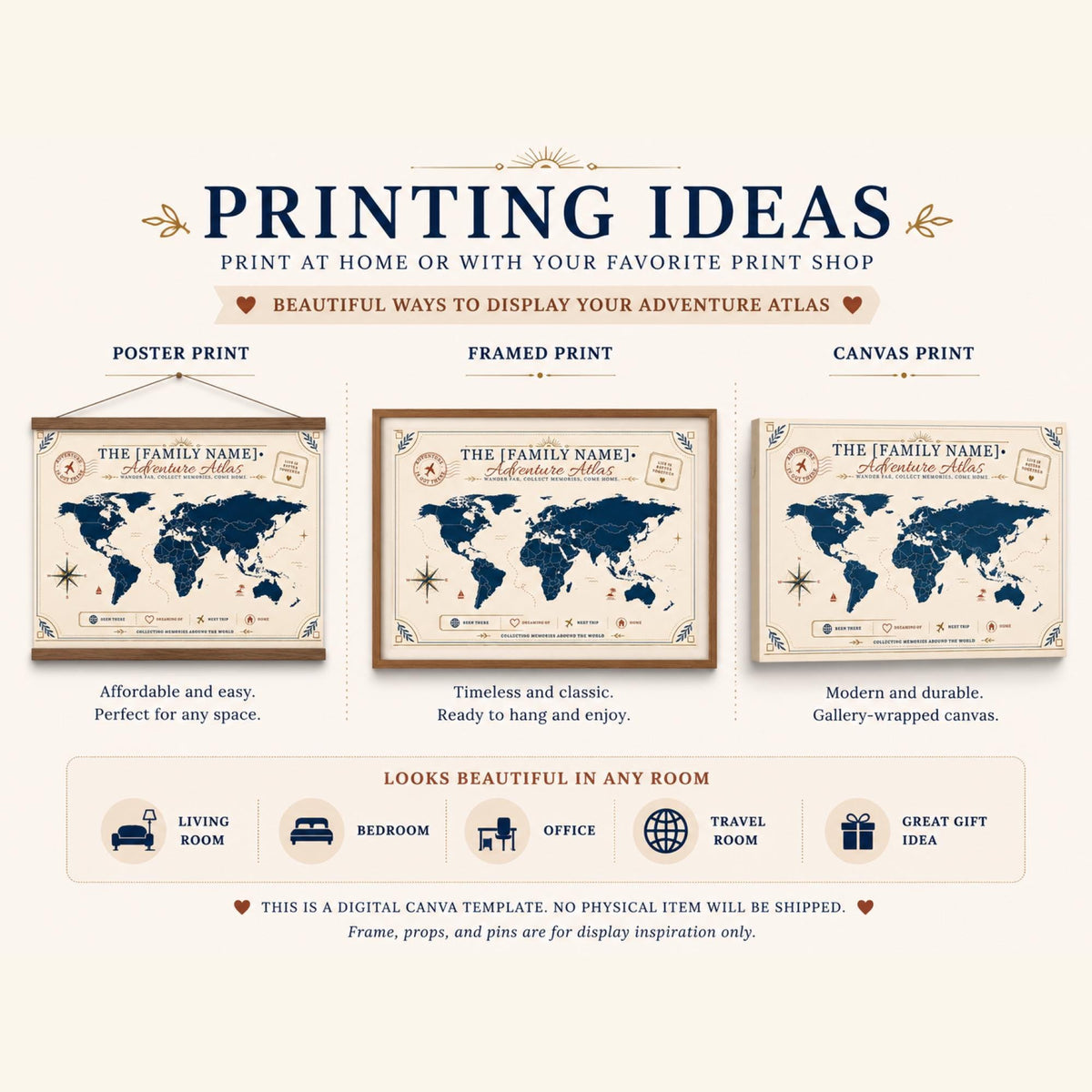 Custom adventure atlas Canva template listing image with editable family name, high resolution file details, and instant digital download features.