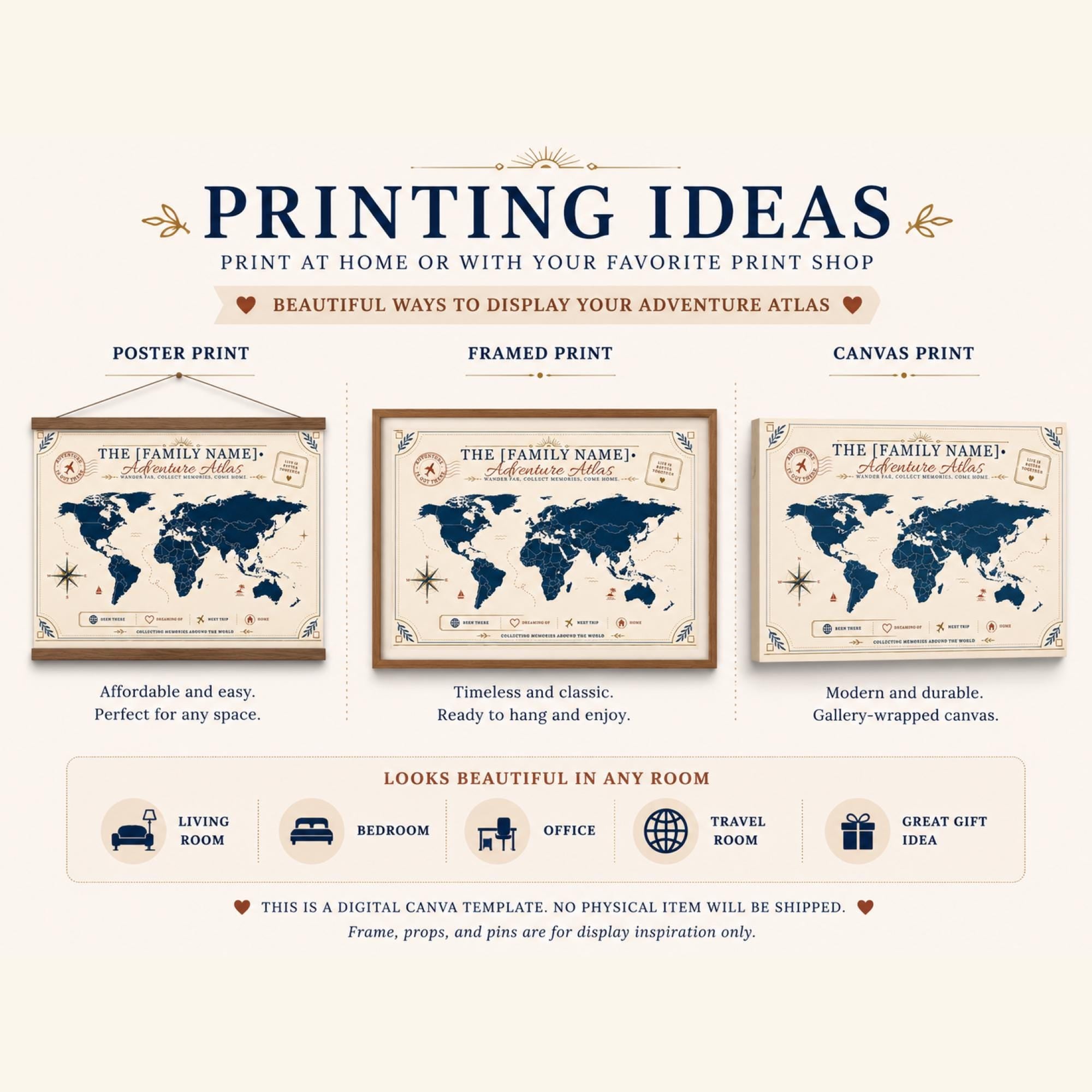 Custom adventure atlas Canva template listing image with editable family name, high resolution file details, and instant digital download features.