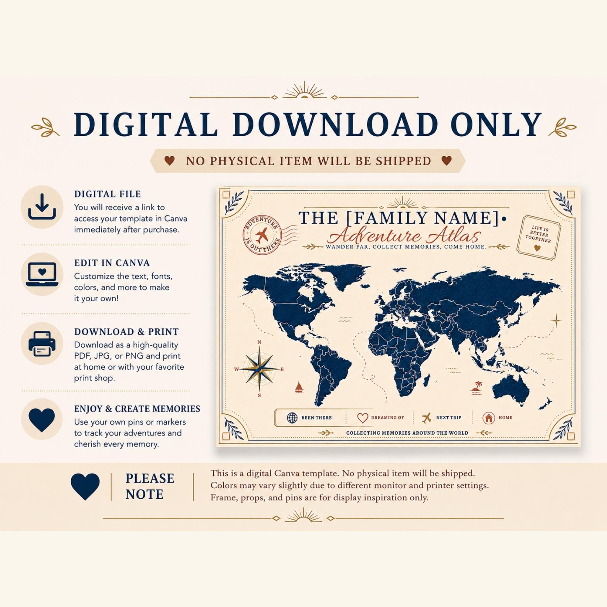 Edit in Canva mockup showing adventure atlas template on laptop and tablet with customization features for text, colors, fonts, and download.