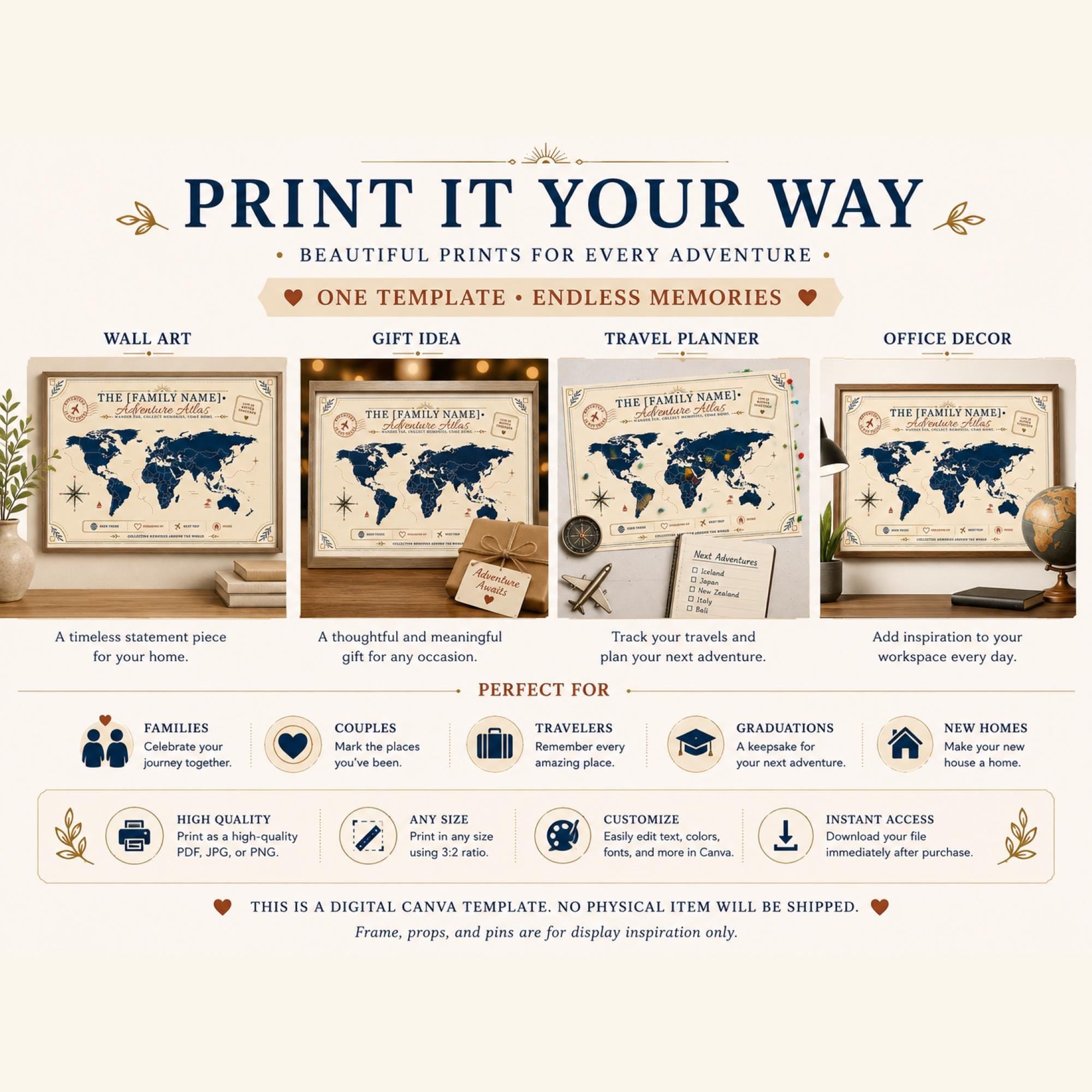 Explore print remember listing image with framed adventure atlas world map and benefits for printing, customizing, gifting, and displaying.
