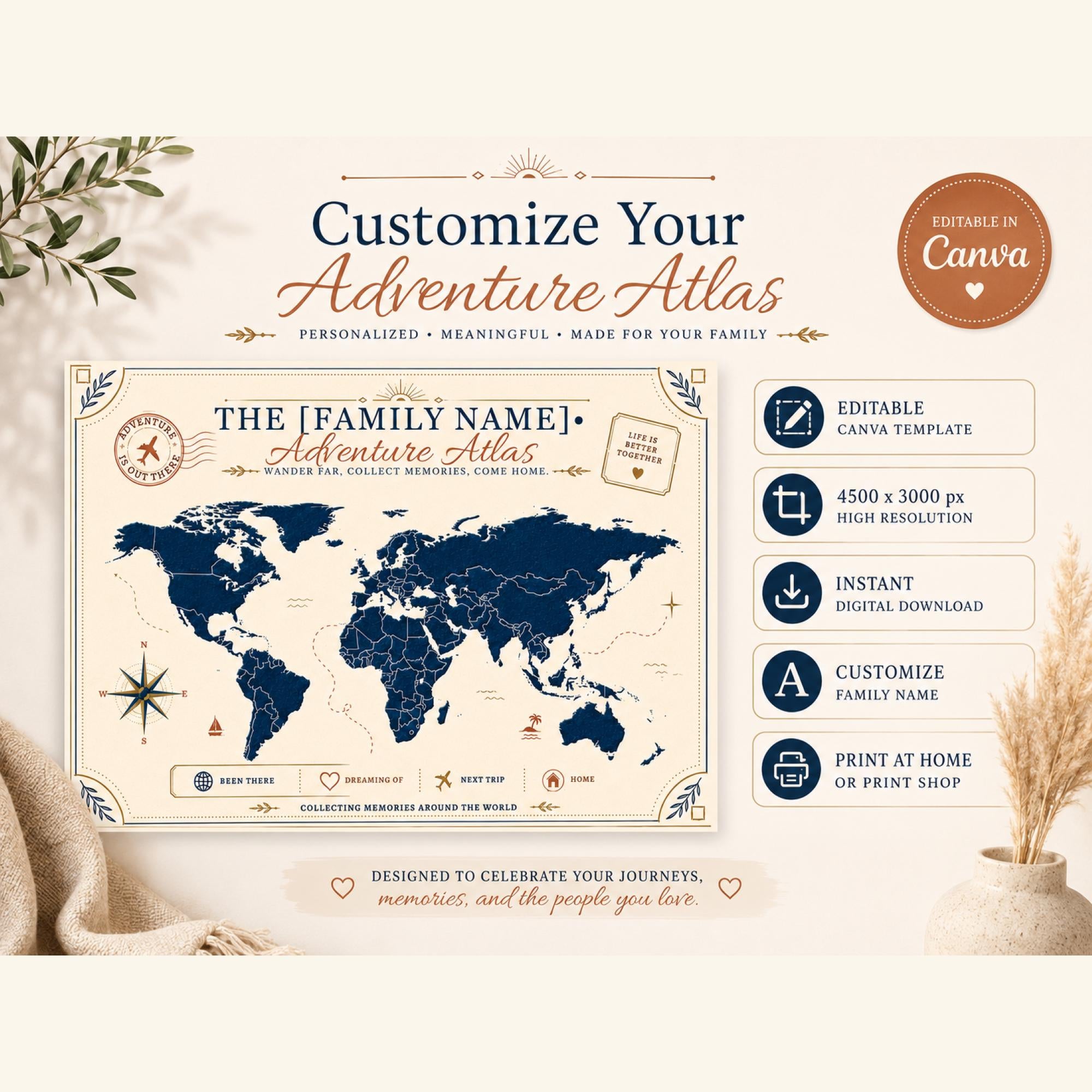 Print your adventure atlas your way with wall art, gift idea, travel planner, and office decor display examples.