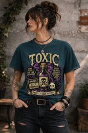 Female model wearing dark humor boundary-setting shirt with vintage toxic chemical bottle artwork