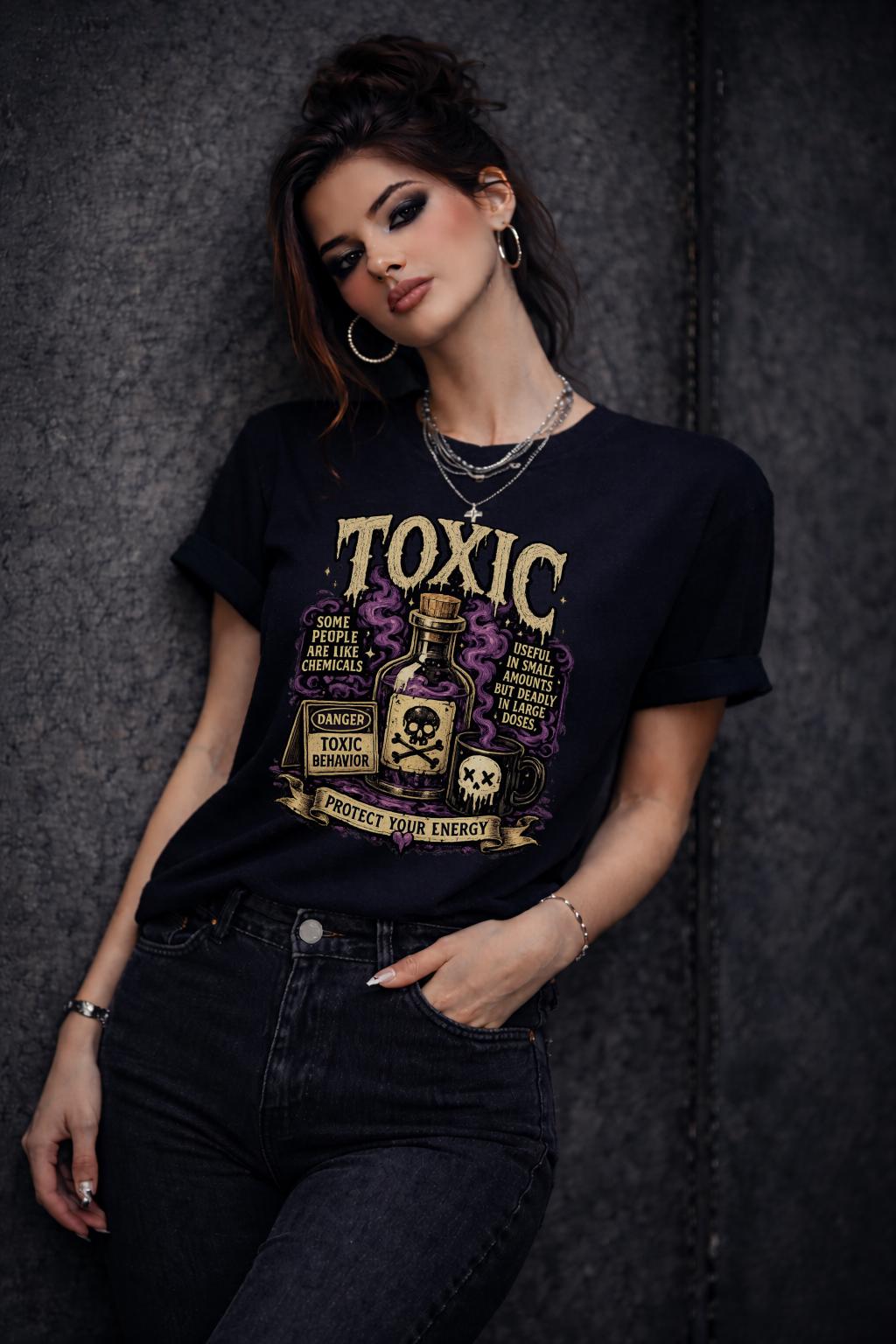 Female model wearing dark humor boundary-setting shirt with vintage toxic chemical bottle artwork