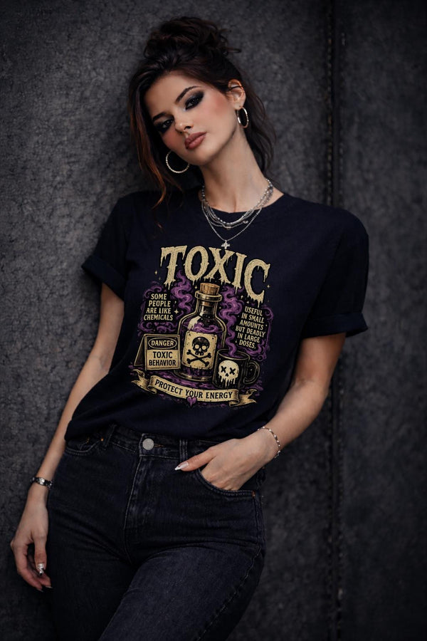 Female model wearing dark humor boundary-setting shirt with vintage toxic chemical bottle artwork