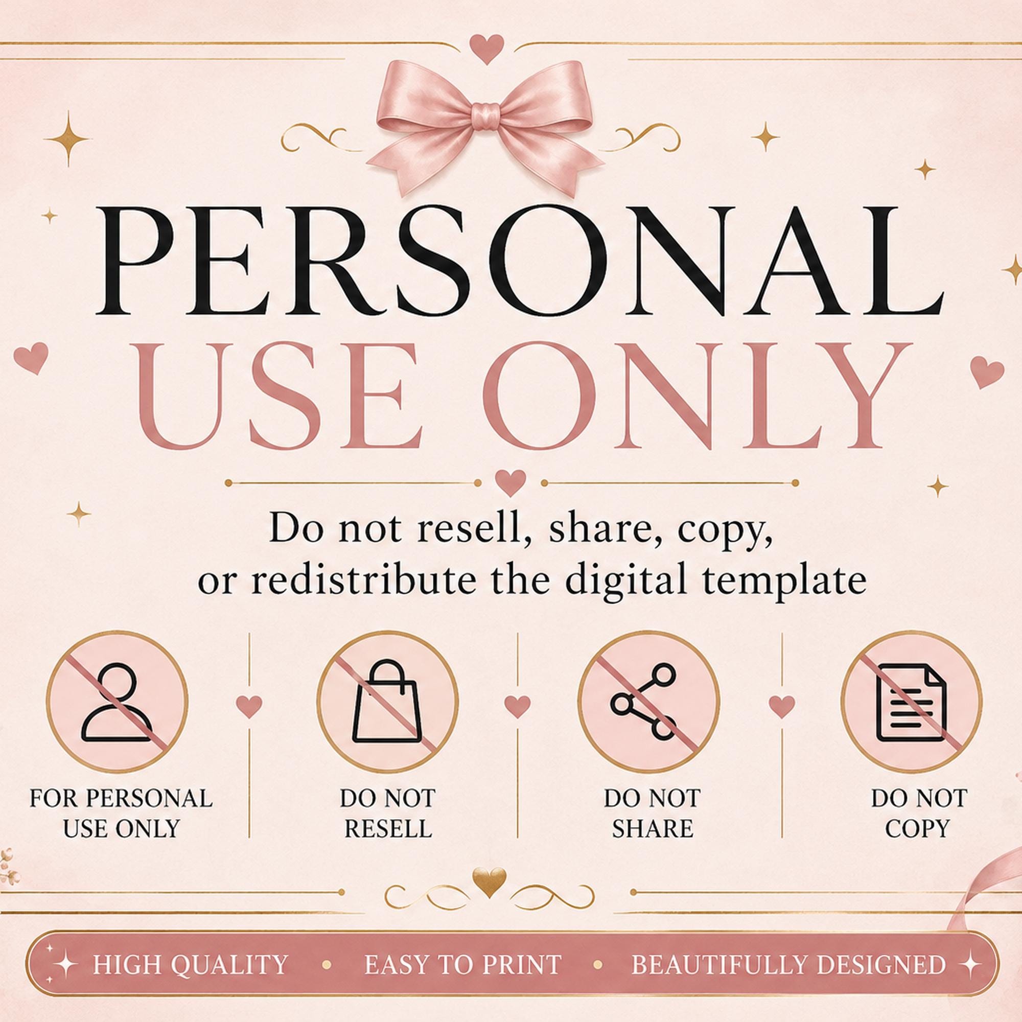 Personal-use terms for a digital divorce invitation stating not to resell, share, copy or redistribute the template.