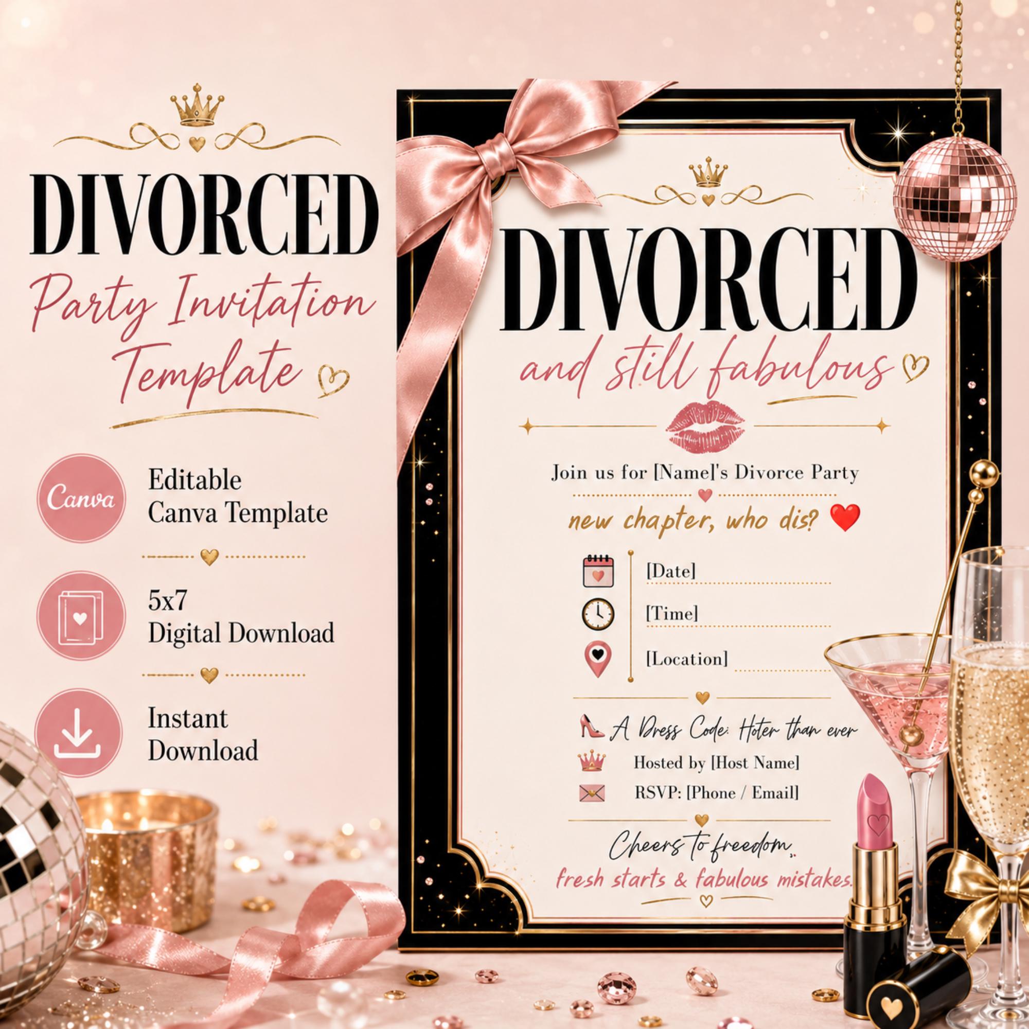 Editable 5x7 Canva divorce party invitation with pink bow, disco ball, champagne, cocktail and instant download details.