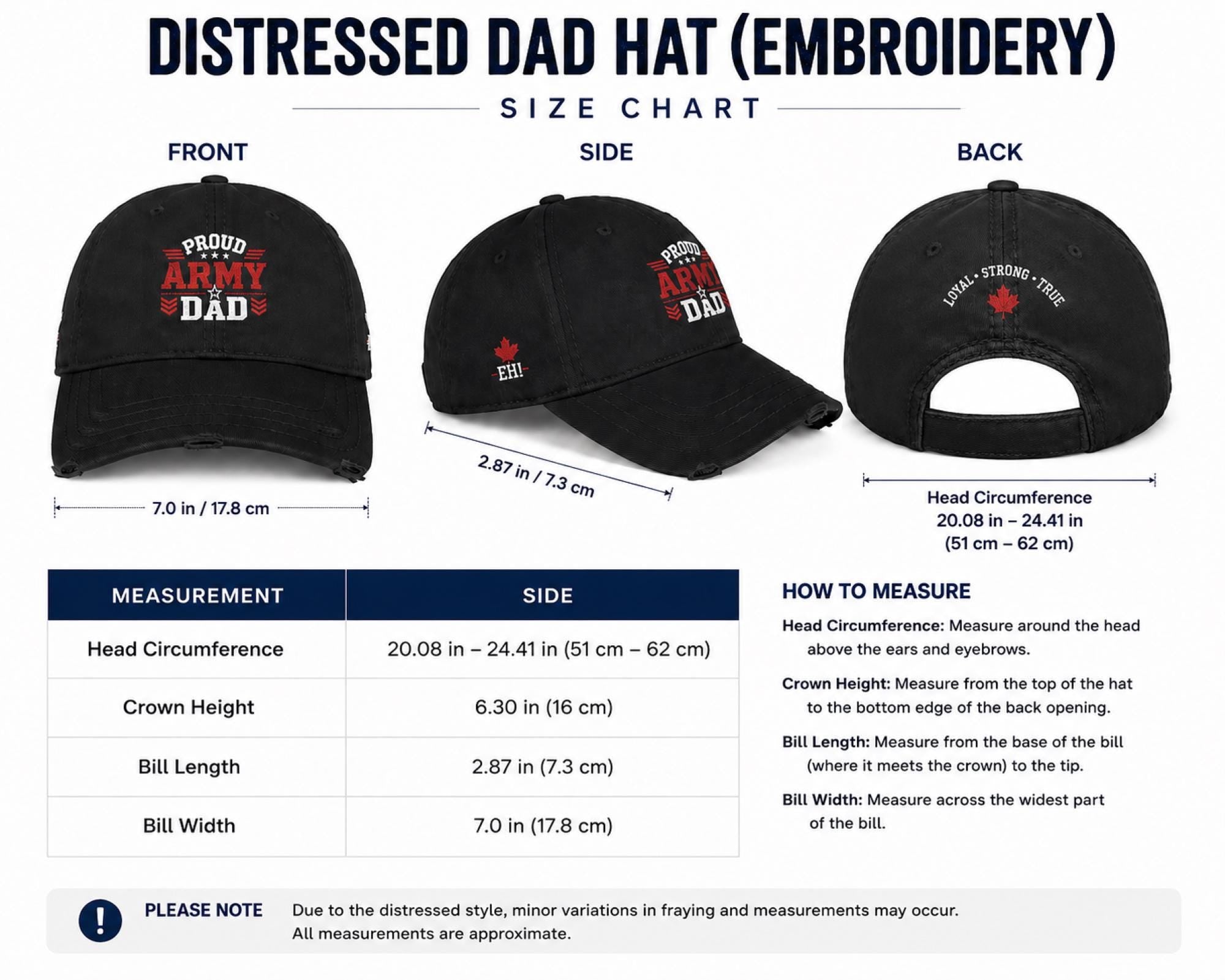 Size chart for Black & Charcoal distressed embroidered dad hat featuring a bold "Proud Army Dad" design on the front with a red maple leaf and "EH!" embroidery on the side, styled in a rustic outdoor setting with camping accessories.