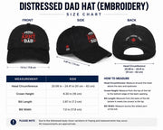 Size chart for Black & Charcoal distressed embroidered dad hat featuring a bold "Proud Army Dad" design on the front with a red maple leaf and "EH!" embroidery on the side, styled in a rustic outdoor setting with camping accessories.
